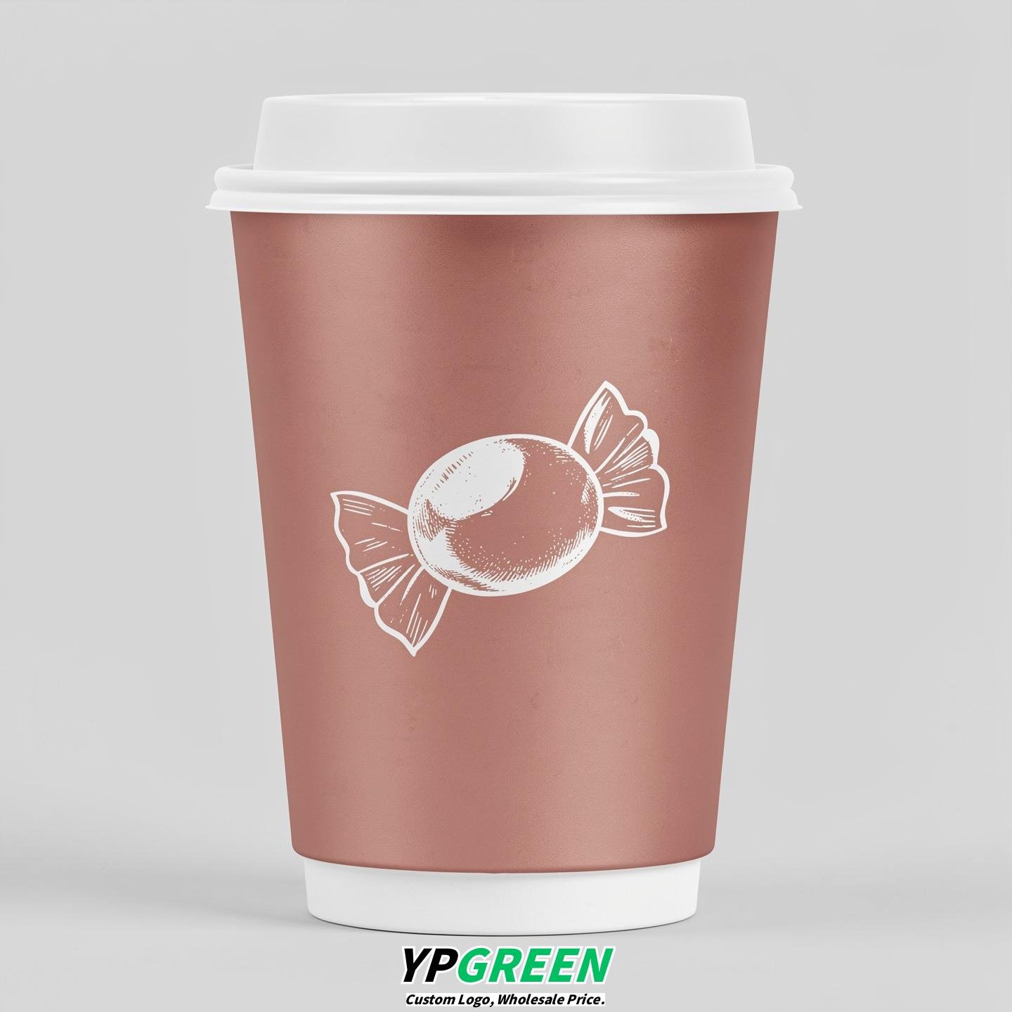 Rose Gold Paper Cups with Candy Logo & Lids 8-24oz