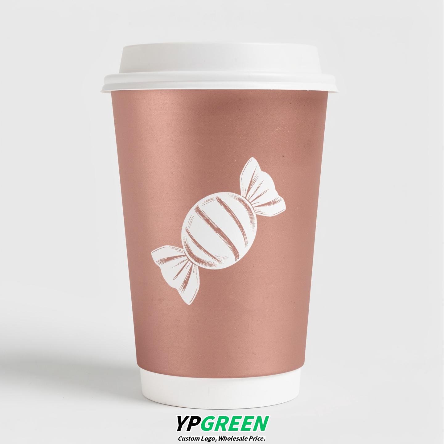 Rose Gold Paper Cups with Candy Logo & Lids 8-24oz