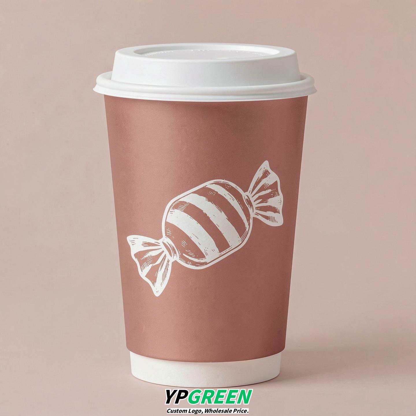 Rose Gold Paper Cups with Candy Logo & Lids 8-24oz
