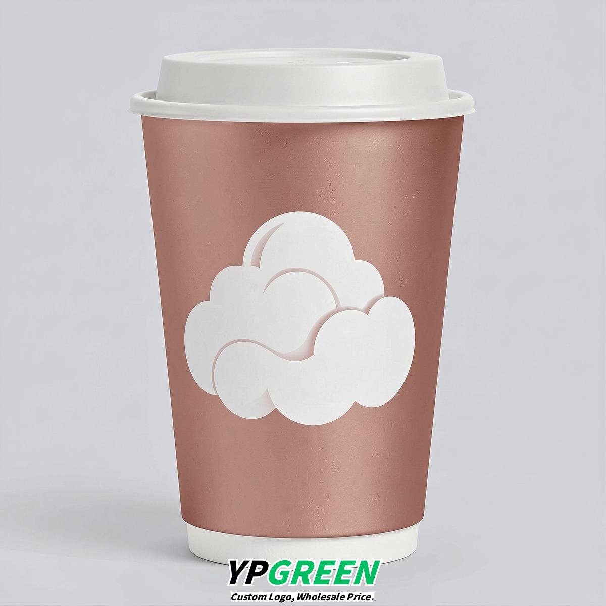 Rose Gold Paper Cups with Clouds Logo & Lids 8-24oz