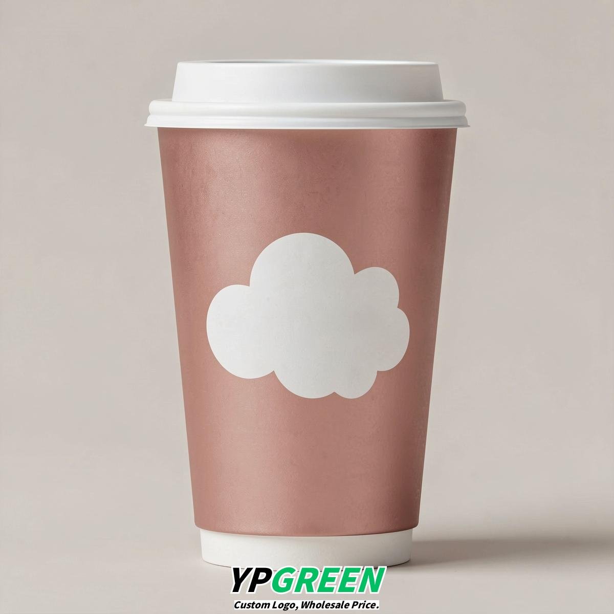 Rose Gold Paper Cups with Clouds Logo & Lids 8-24oz