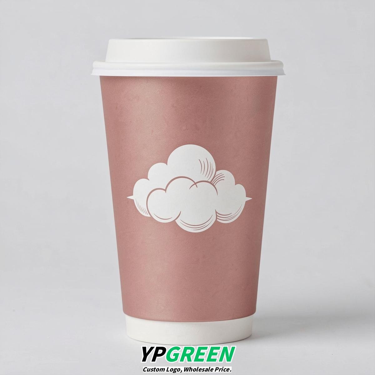 Rose Gold Paper Cups with Clouds Logo & Lids 8-24oz