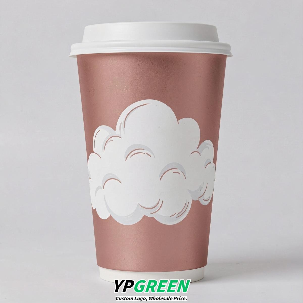 Rose Gold Paper Cups with Clouds Logo & Lids 8-24oz