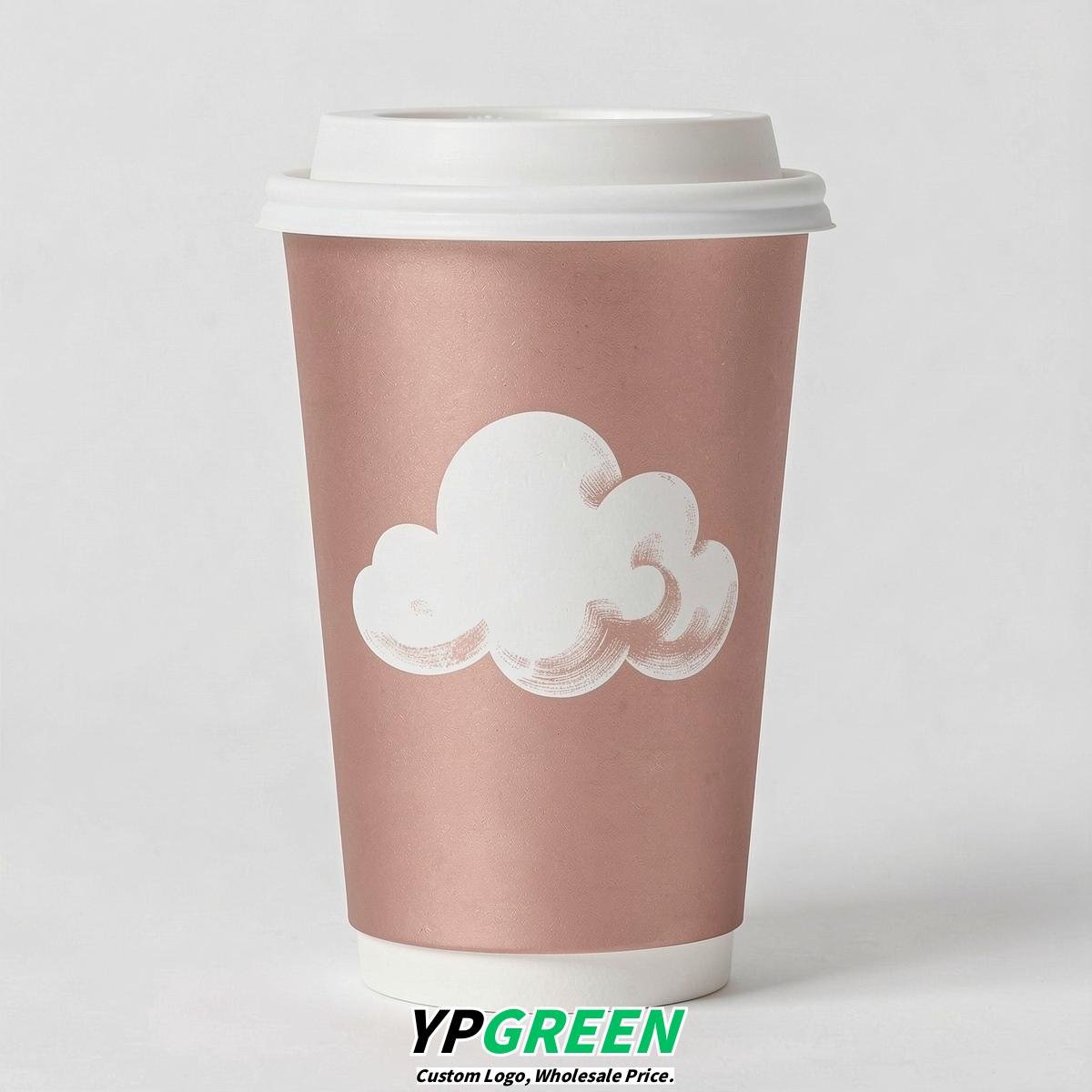 Rose Gold Paper Cups with Clouds Logo & Lids 8-24oz