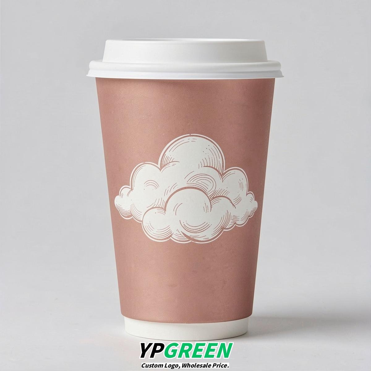 Rose Gold Paper Cups with Clouds Logo & Lids 8-24oz