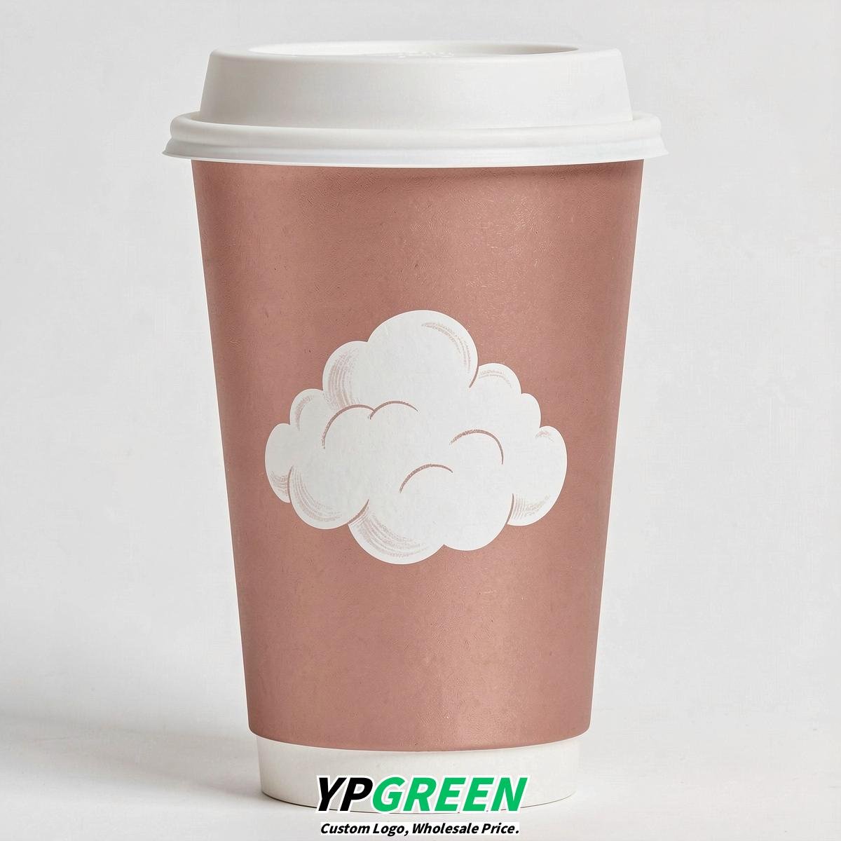 Rose Gold Paper Cups with Clouds Logo & Lids 8-24oz