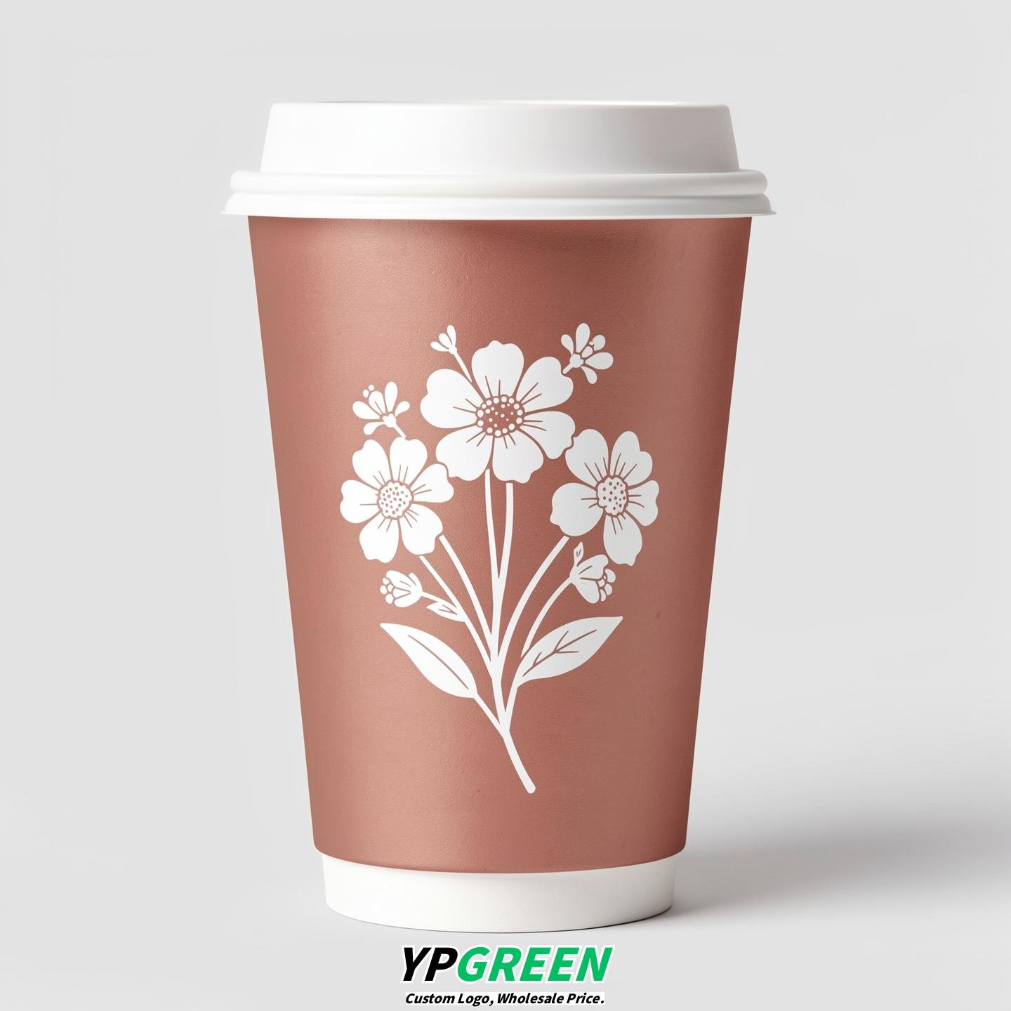 Rose Gold Floral Paper Cups with Lids 8-24oz