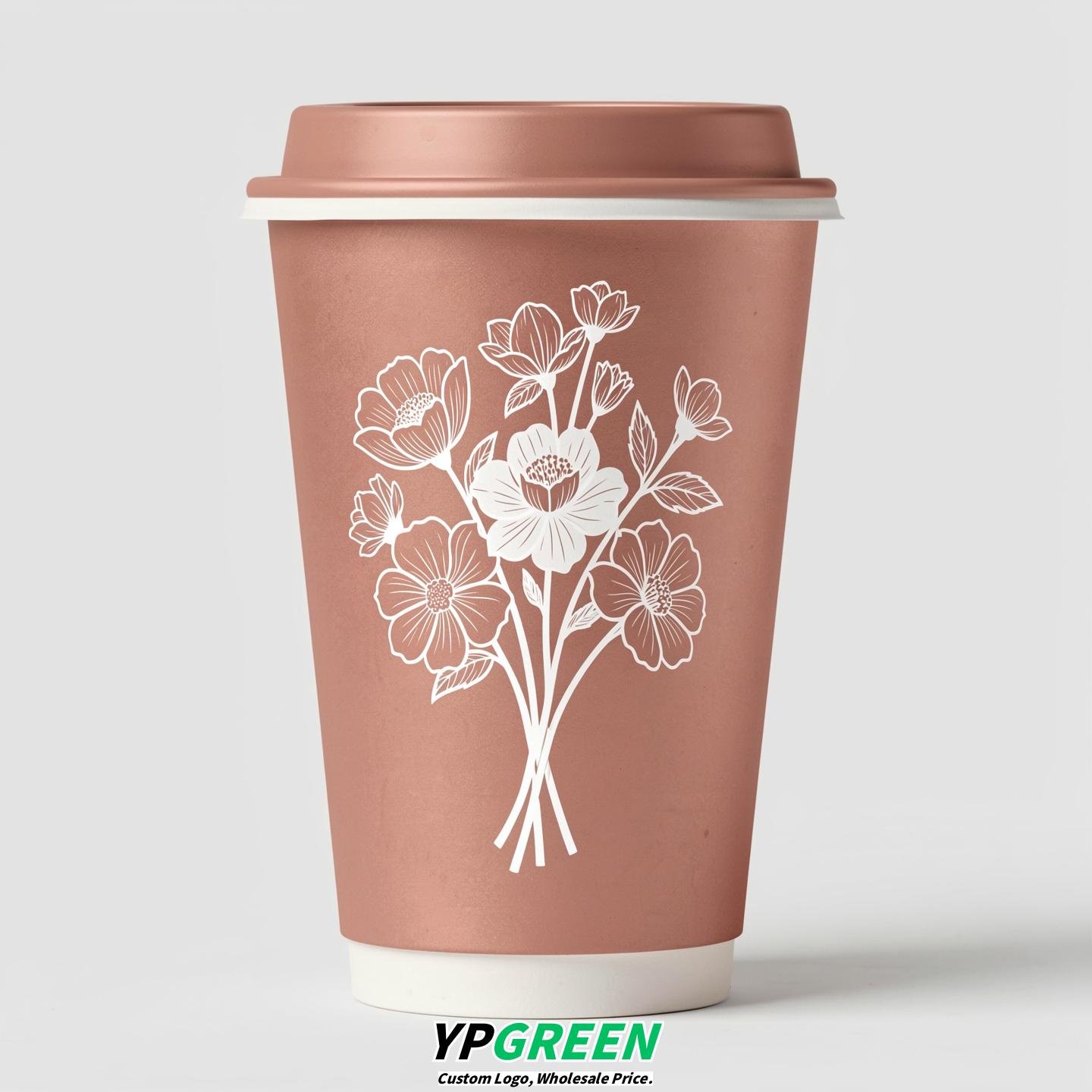 Rose Gold Floral Paper Cups with Lids 8-24oz