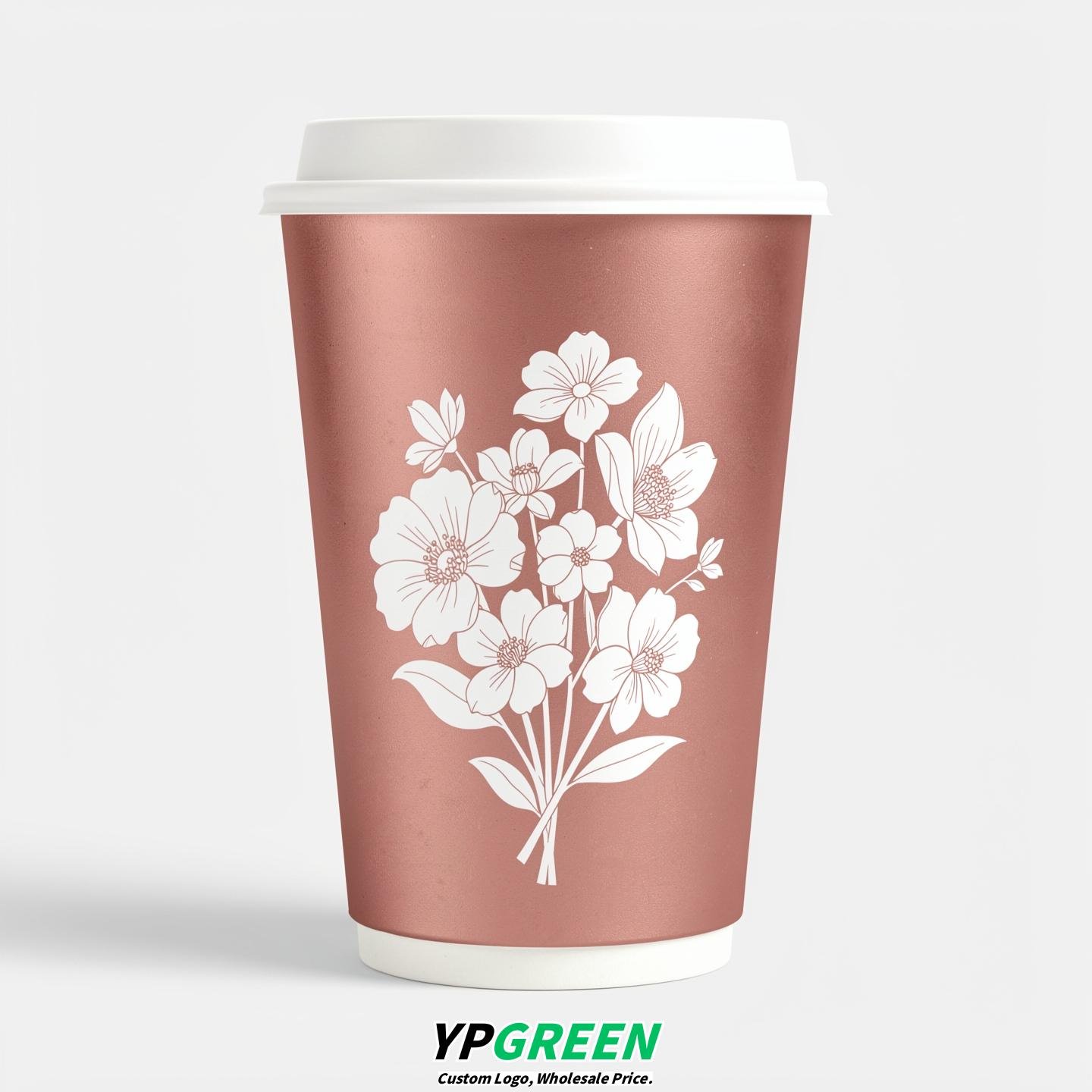 Rose Gold Floral Paper Cups with Lids 8-24oz