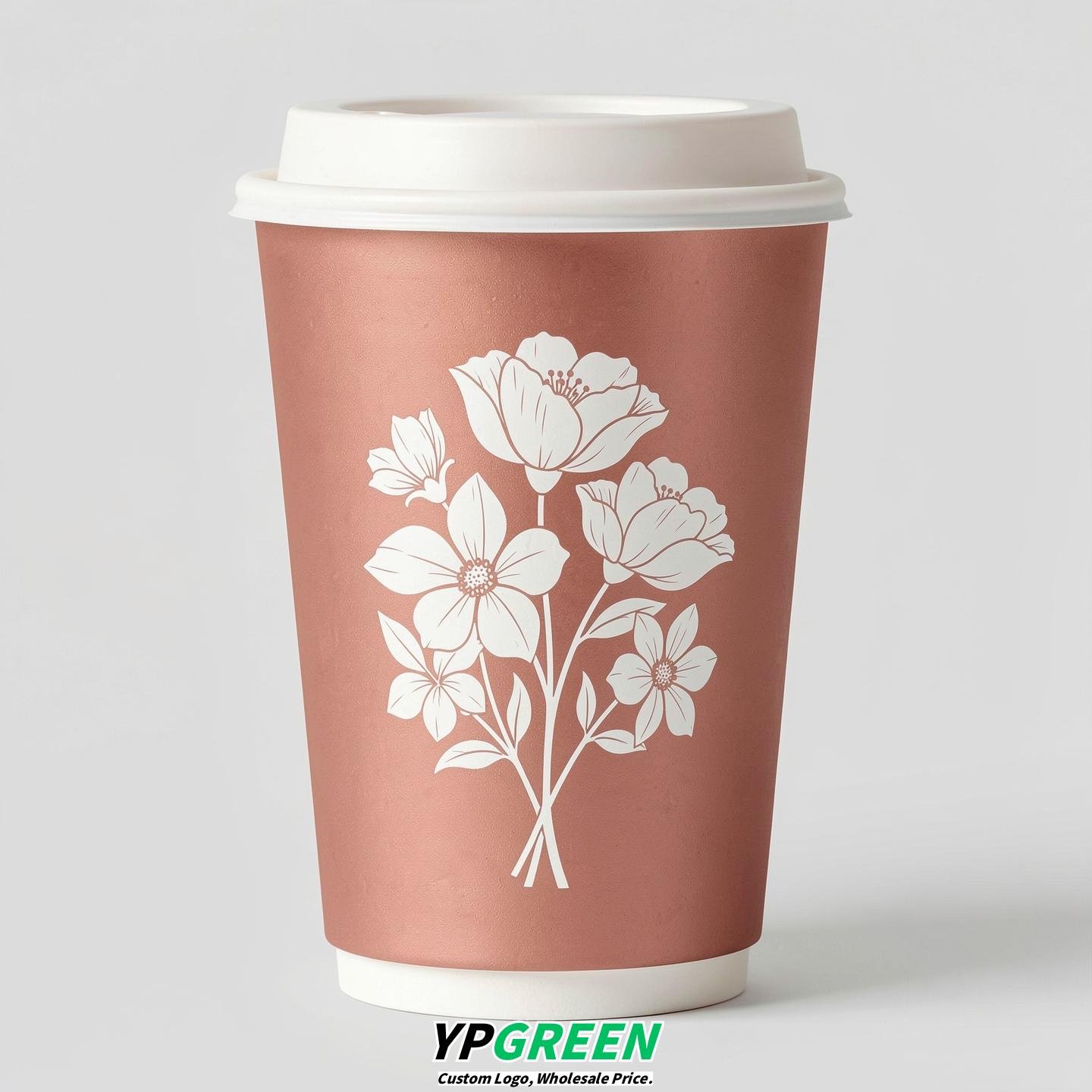 Rose Gold Floral Paper Cups with Lids 8-24oz
