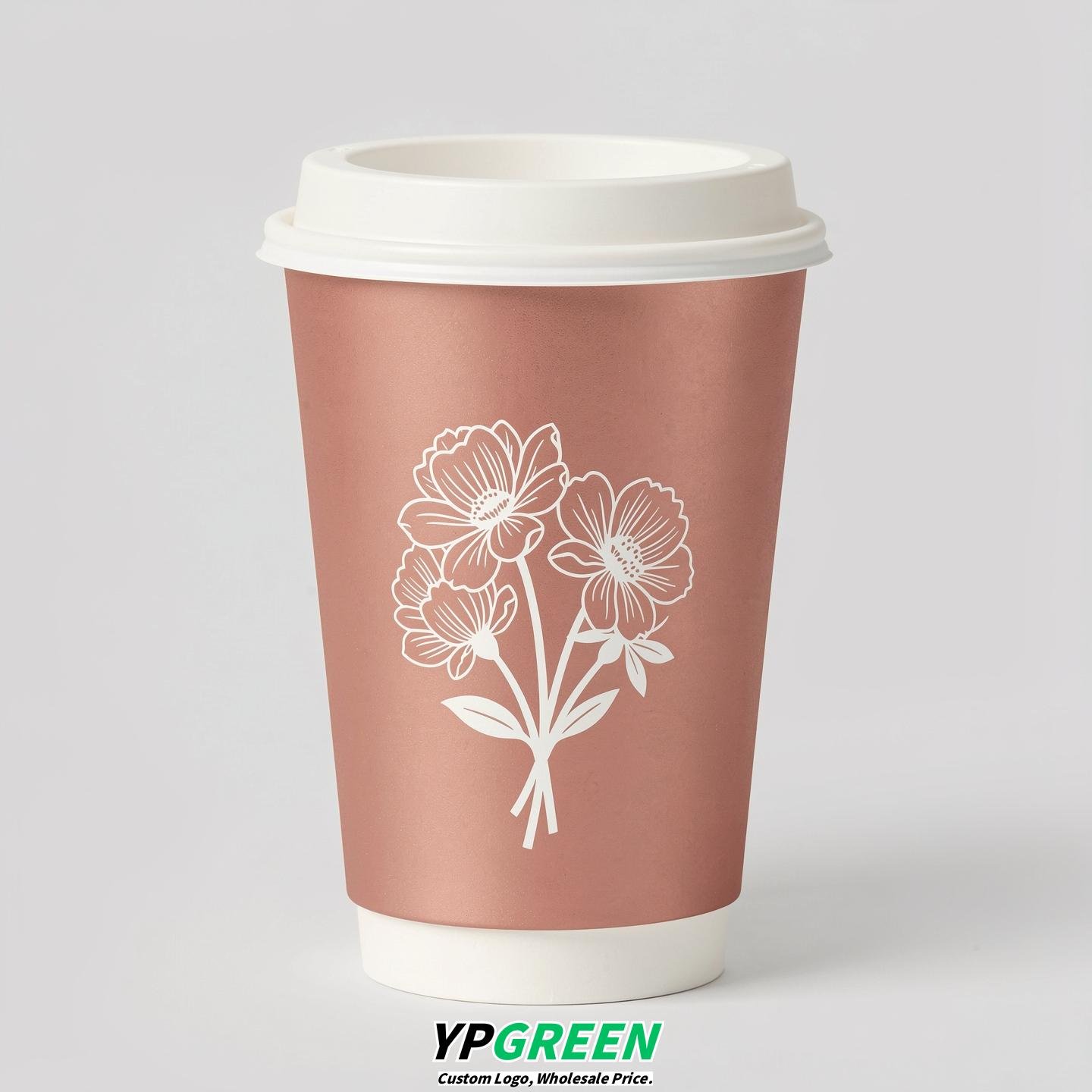 Rose Gold Floral Paper Cups with Lids 8-24oz
