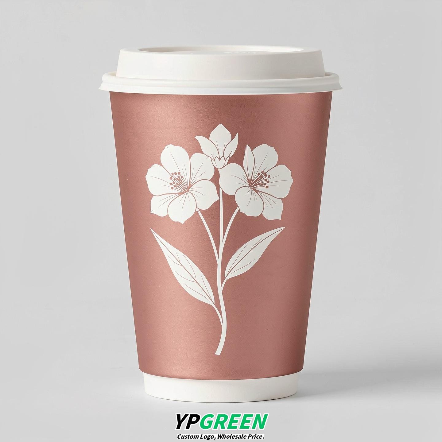 Rose Gold Floral Paper Cups with Lids 8-24oz