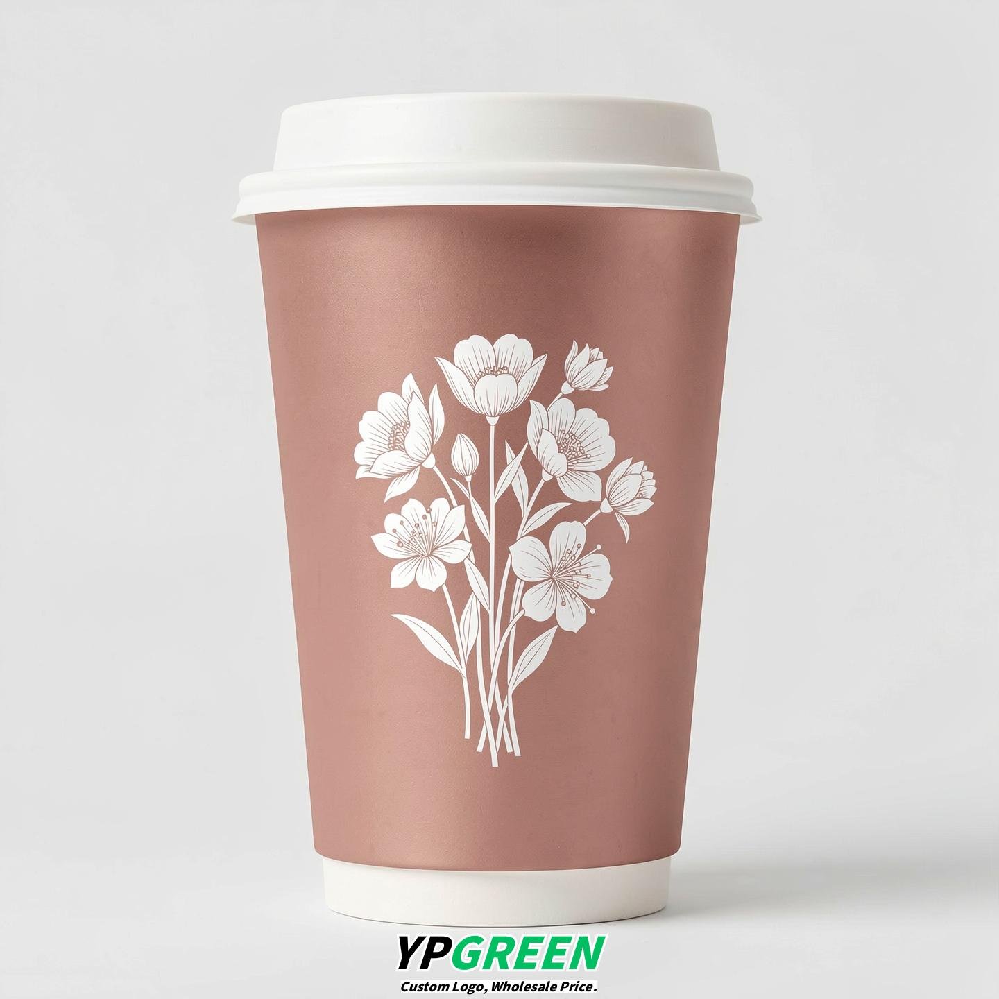 Rose Gold Floral Paper Cups with Lids 8-24oz