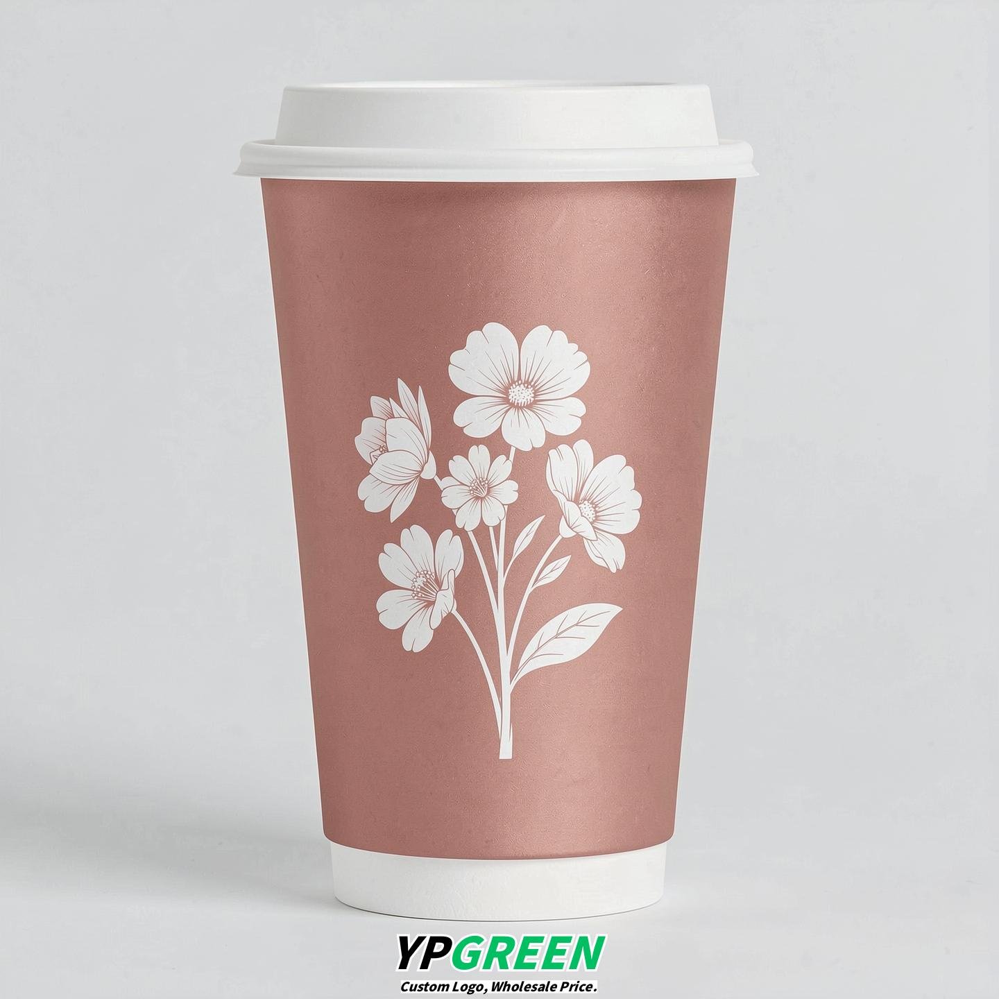 Rose Gold Floral Paper Cups with Lids 8-24oz