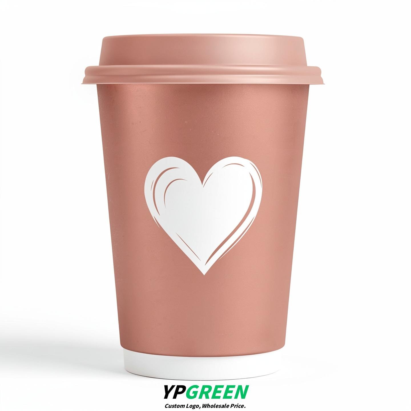 Rose Gold Heart Paper Cups with Lids 8-24oz