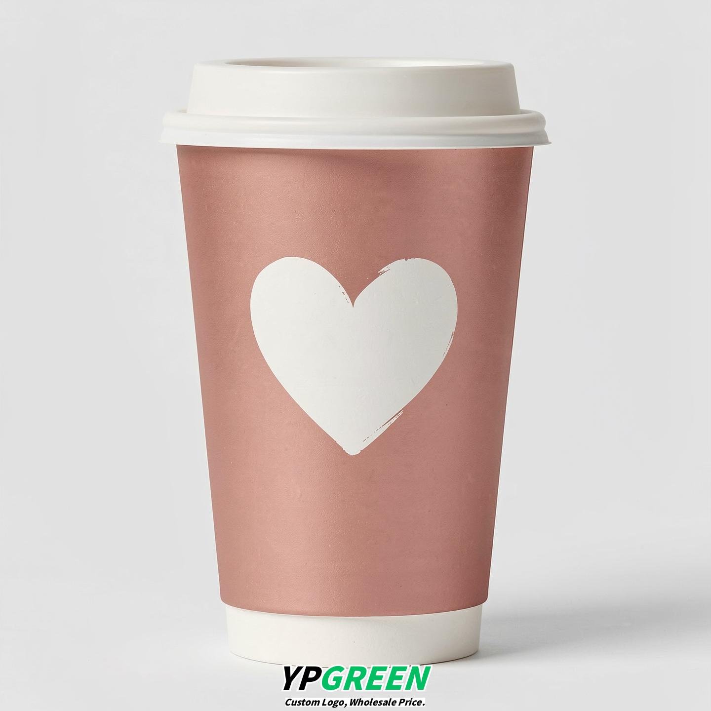Rose Gold Heart Paper Cups with Lids 8-24oz