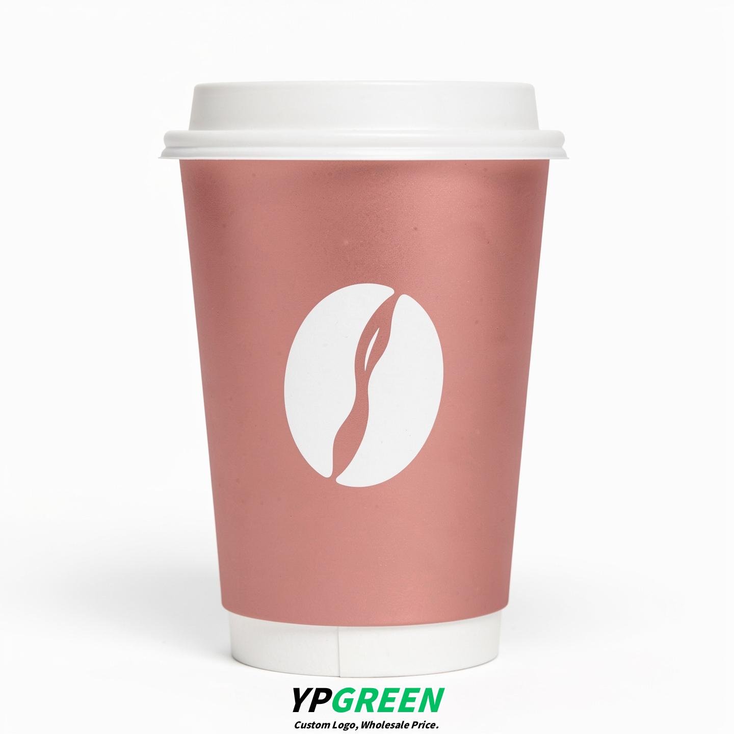 Rose Gold Paper Coffee Cups with Coffee Bean Logo & Lids 8-24oz