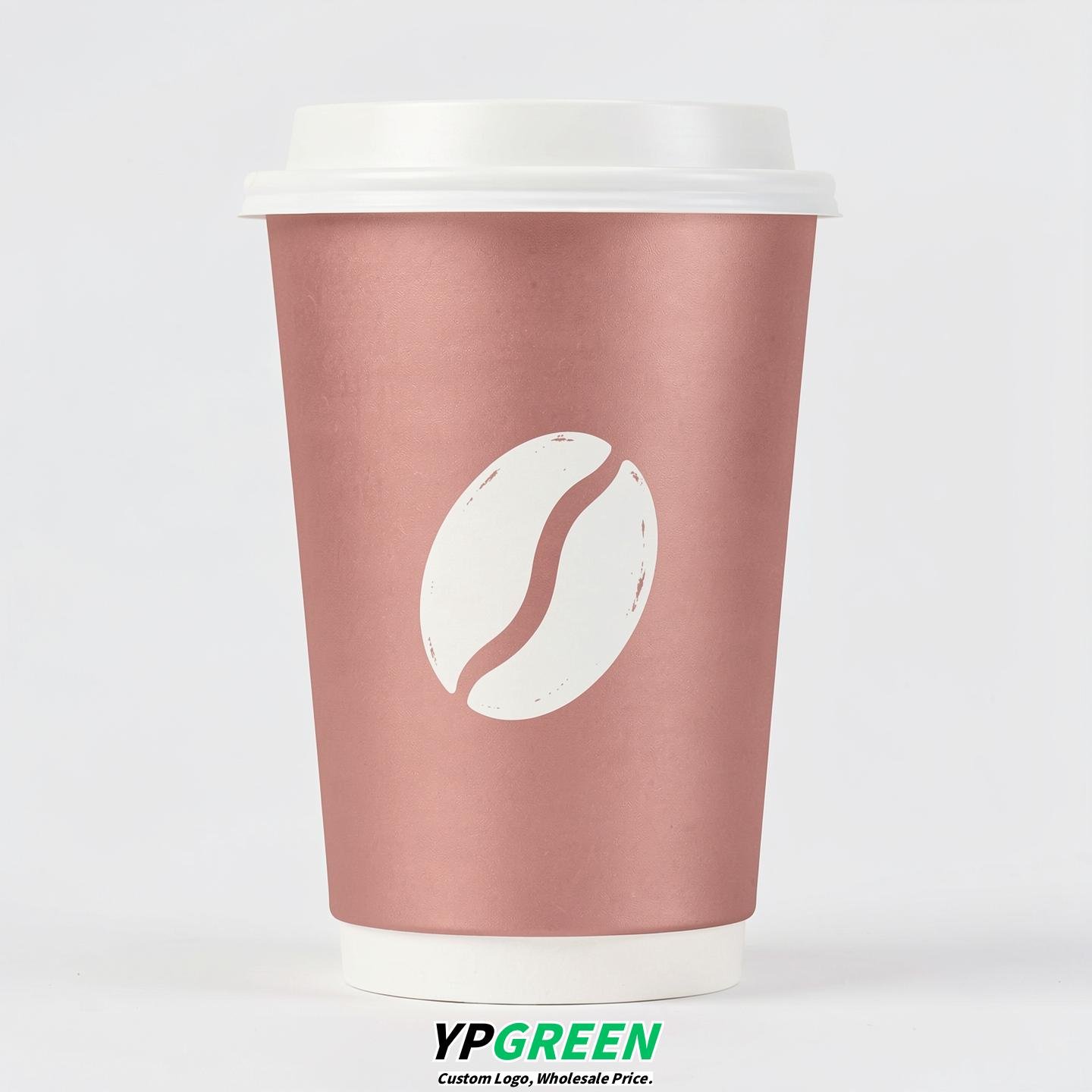 Rose Gold Paper Coffee Cups with Coffee Bean Logo & Lids 8-24oz