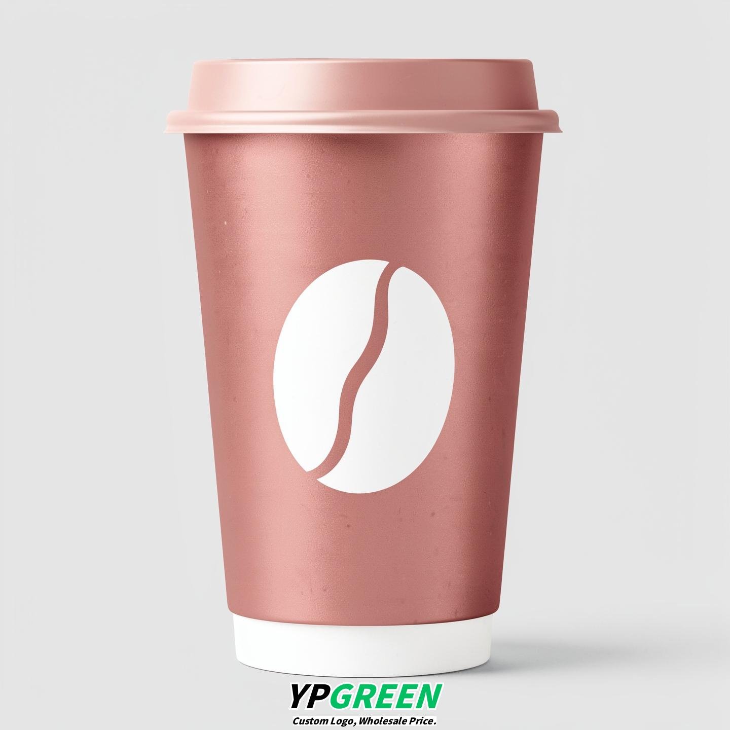 Rose Gold Paper Coffee Cups with Coffee Bean Logo & Lids 8-24oz