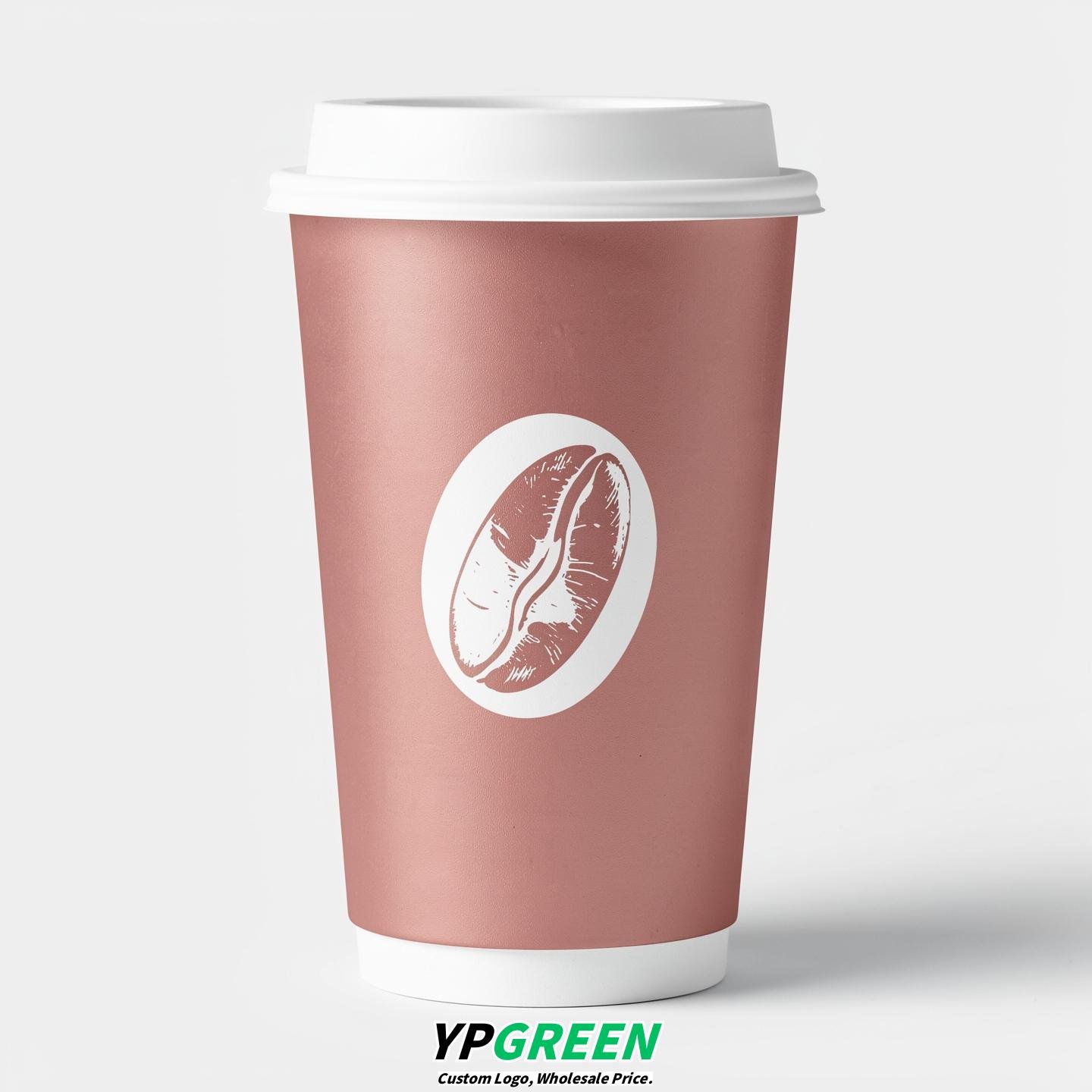 Rose Gold Paper Coffee Cups with Coffee Bean Logo & Lids 8-24oz