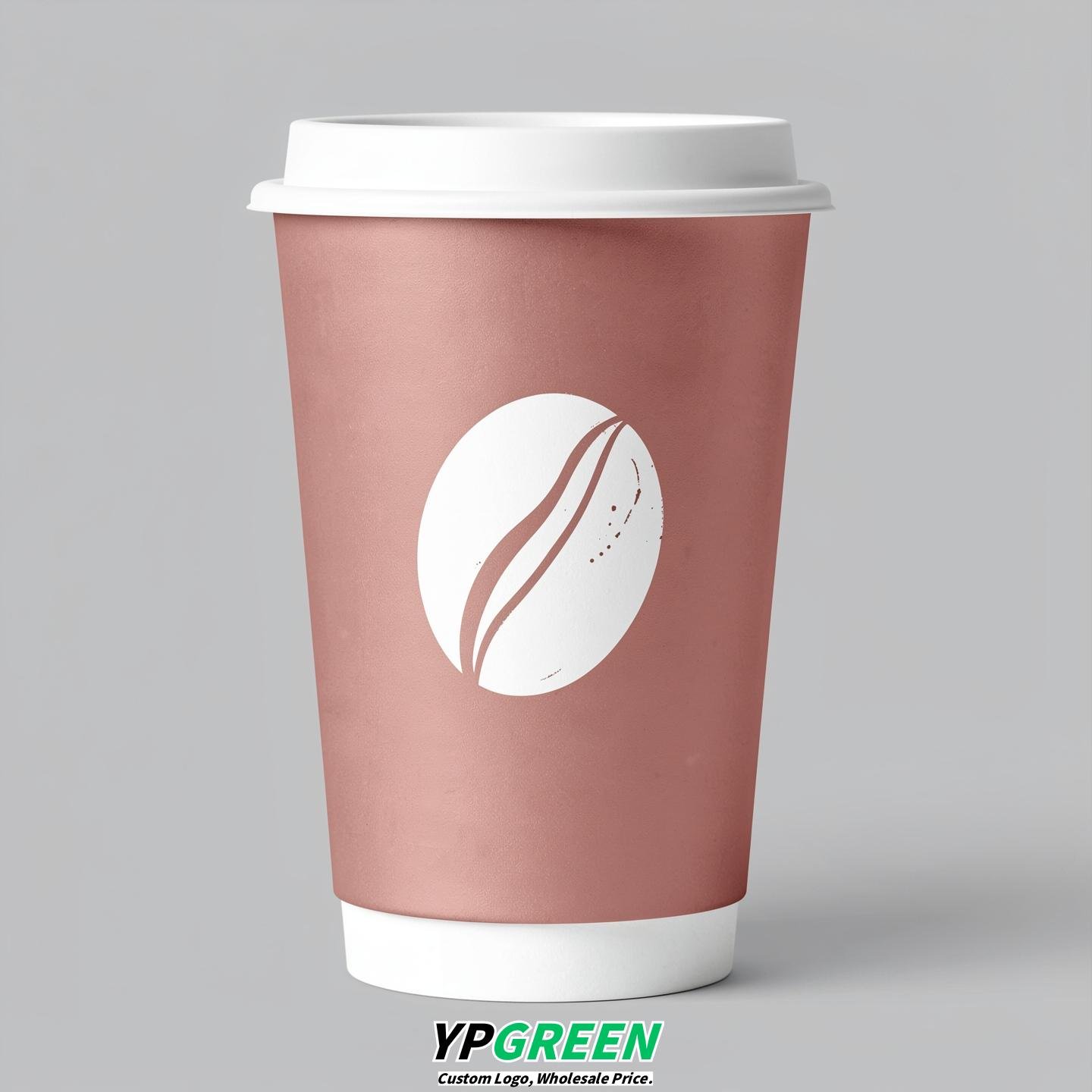 Rose Gold Paper Coffee Cups with Coffee Bean Logo & Lids 8-24oz