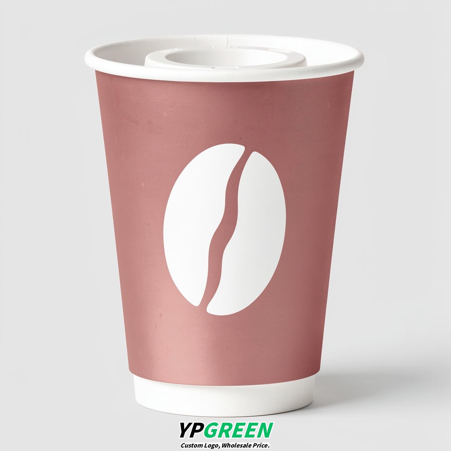 Rose Gold Paper Coffee Cups with Coffee Bean Logo & Lids 8-24oz