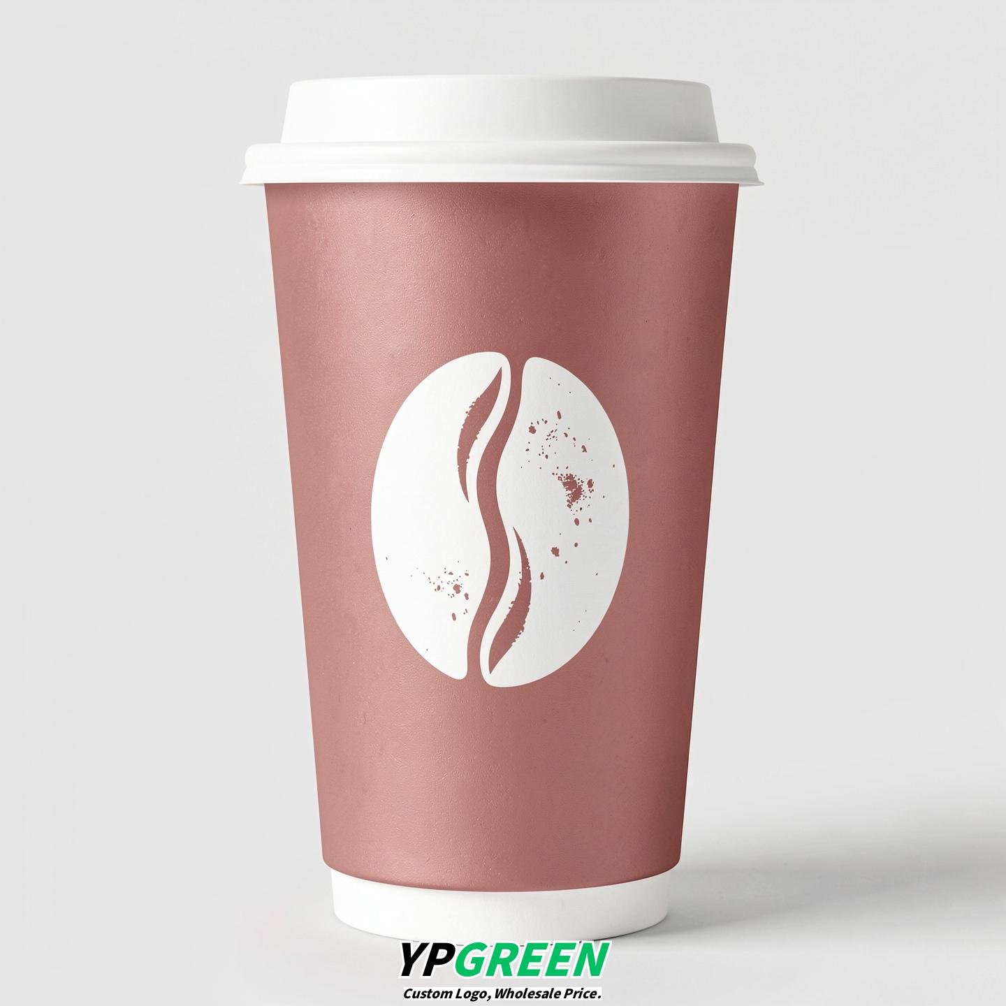 Rose Gold Paper Coffee Cups with Coffee Bean Logo & Lids 8-24oz