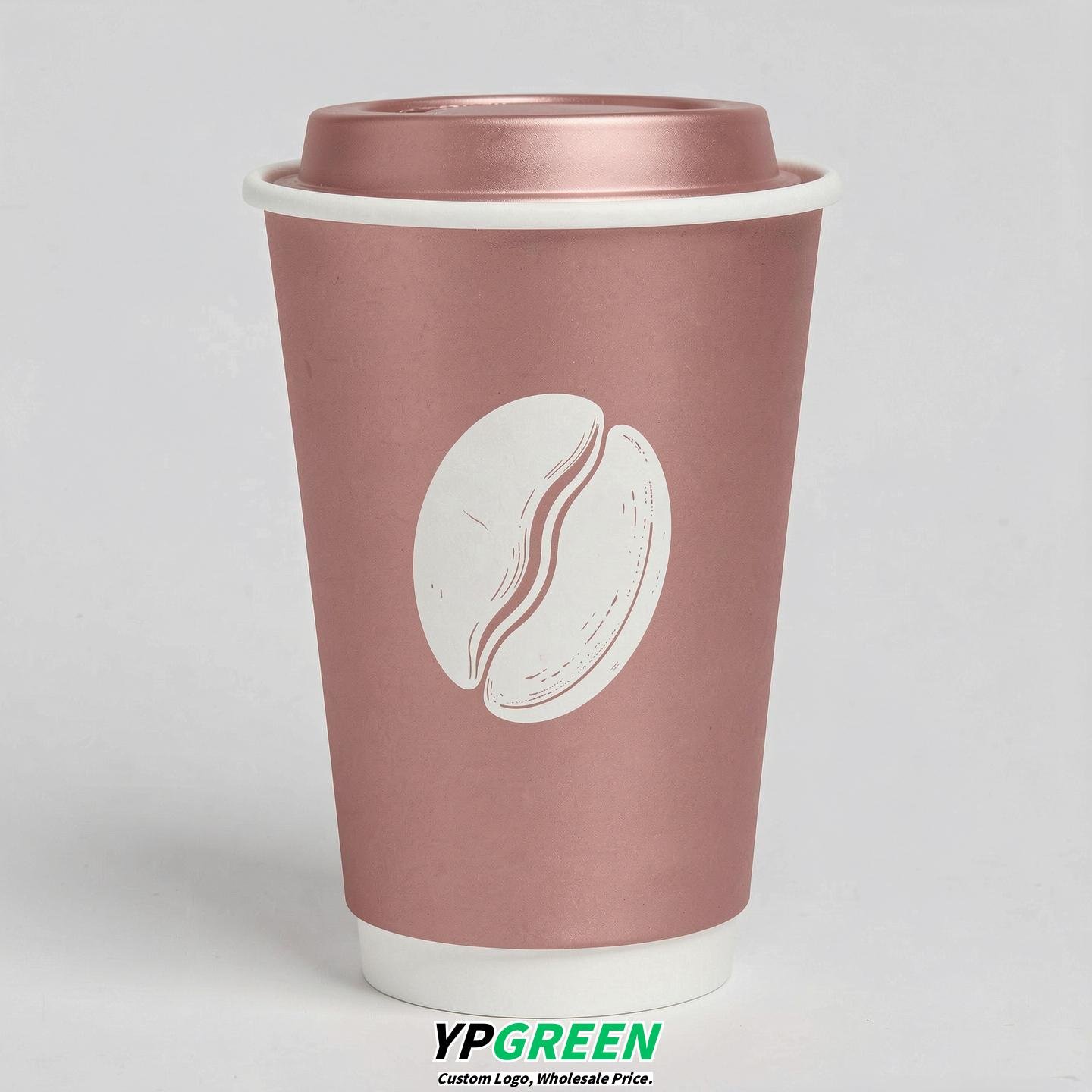 Rose Gold Paper Coffee Cups with Coffee Bean Logo & Lids 8-24oz