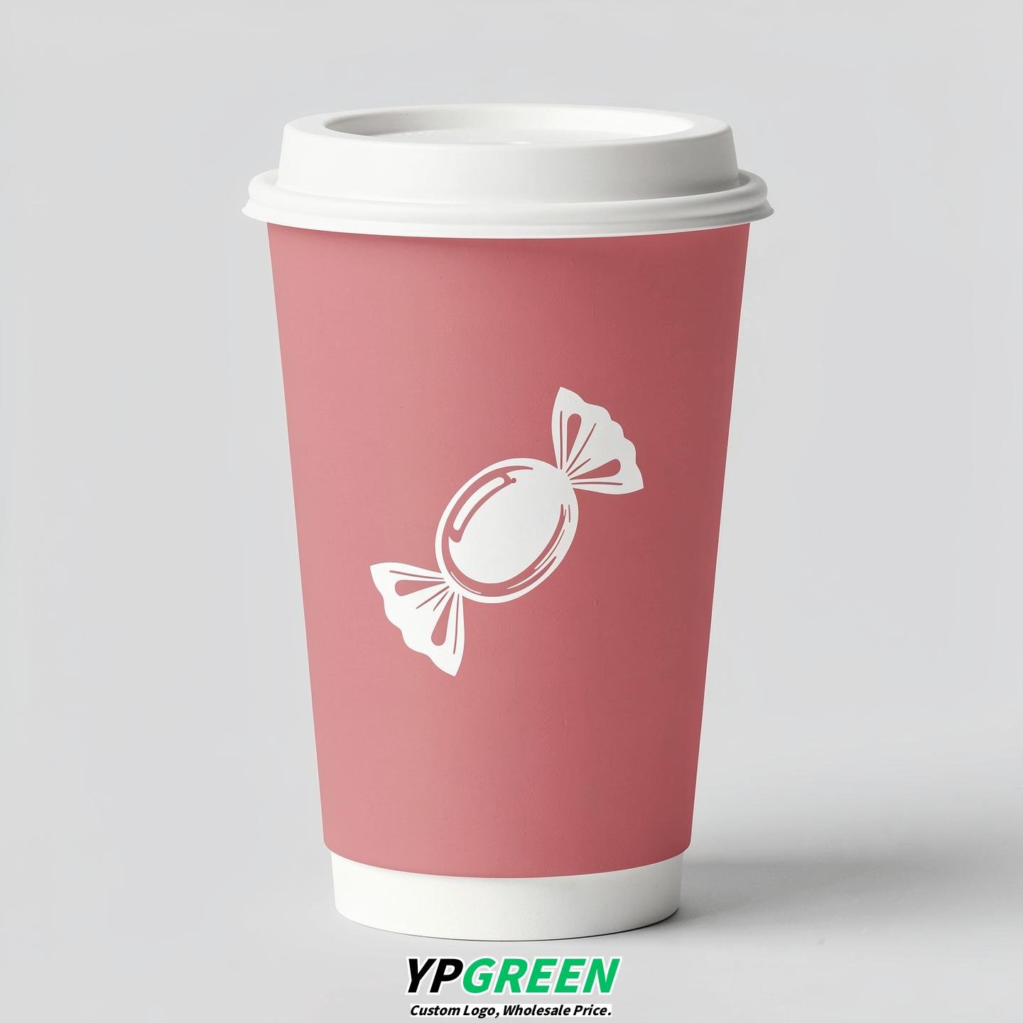 Rose Pink Paper Cups with Candy Logo & Lids 8-24oz