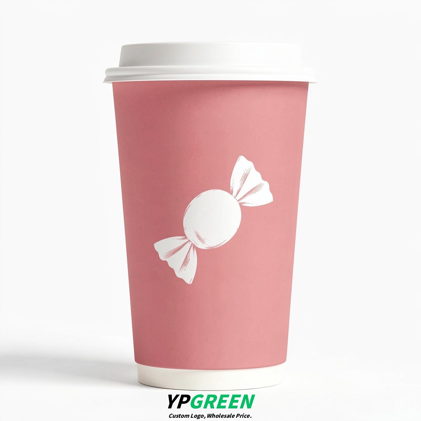 Rose Pink Paper Cups with Candy Logo & Lids 8-24oz