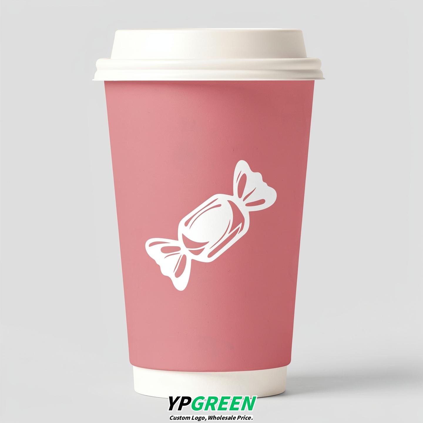 Rose Pink Paper Cups with Candy Logo & Lids 8-24oz