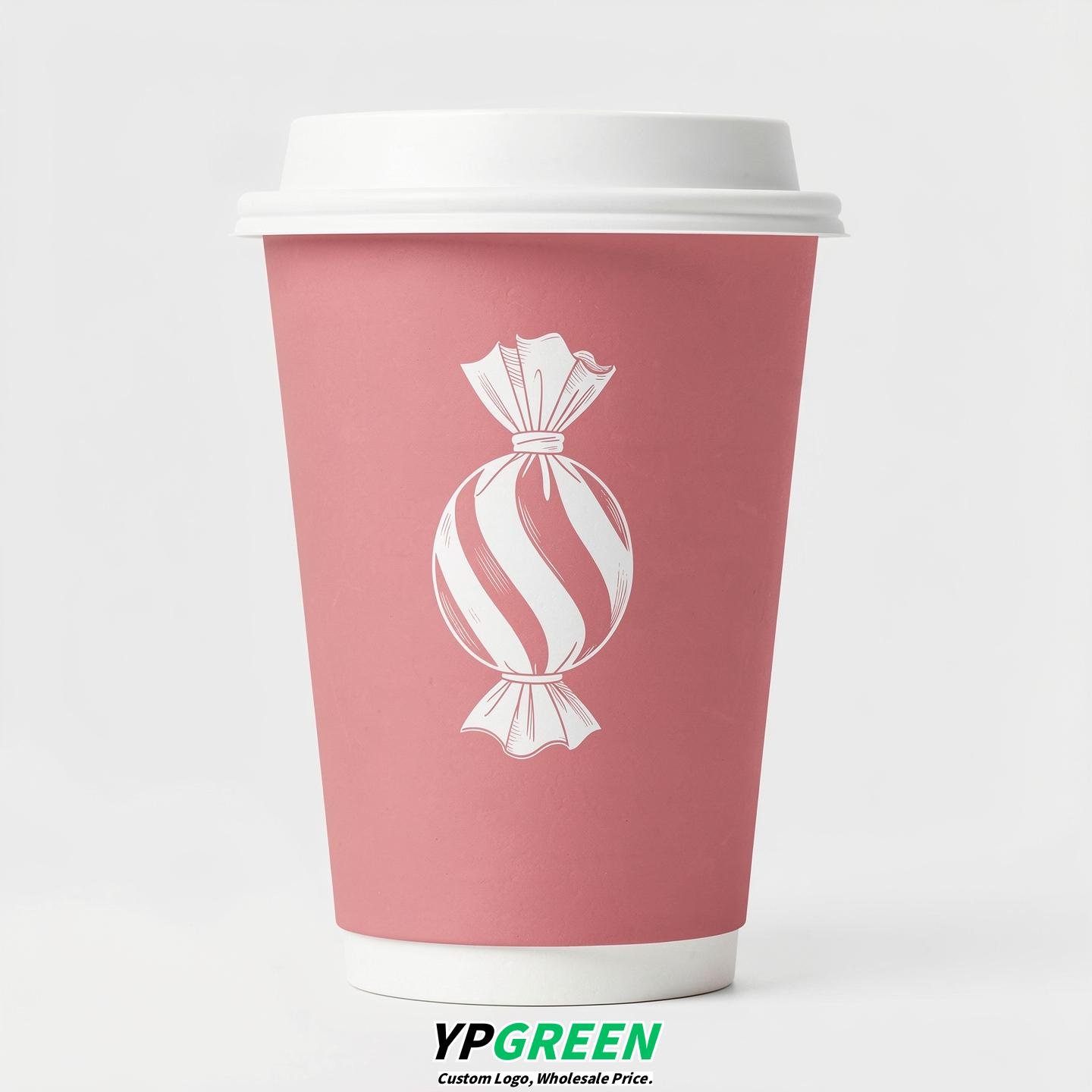 Rose Pink Paper Cups with Candy Logo & Lids 8-24oz