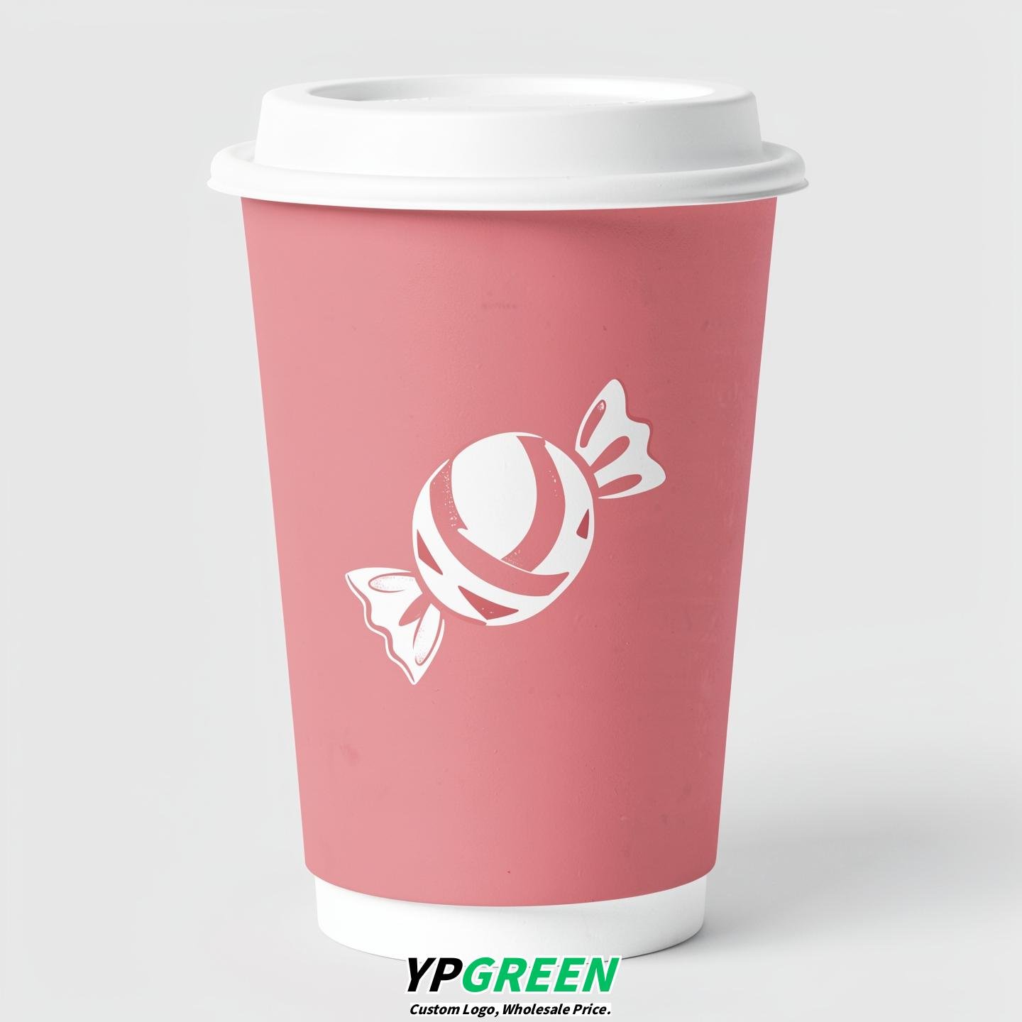 Rose Pink Paper Cups with Candy Logo & Lids 8-24oz