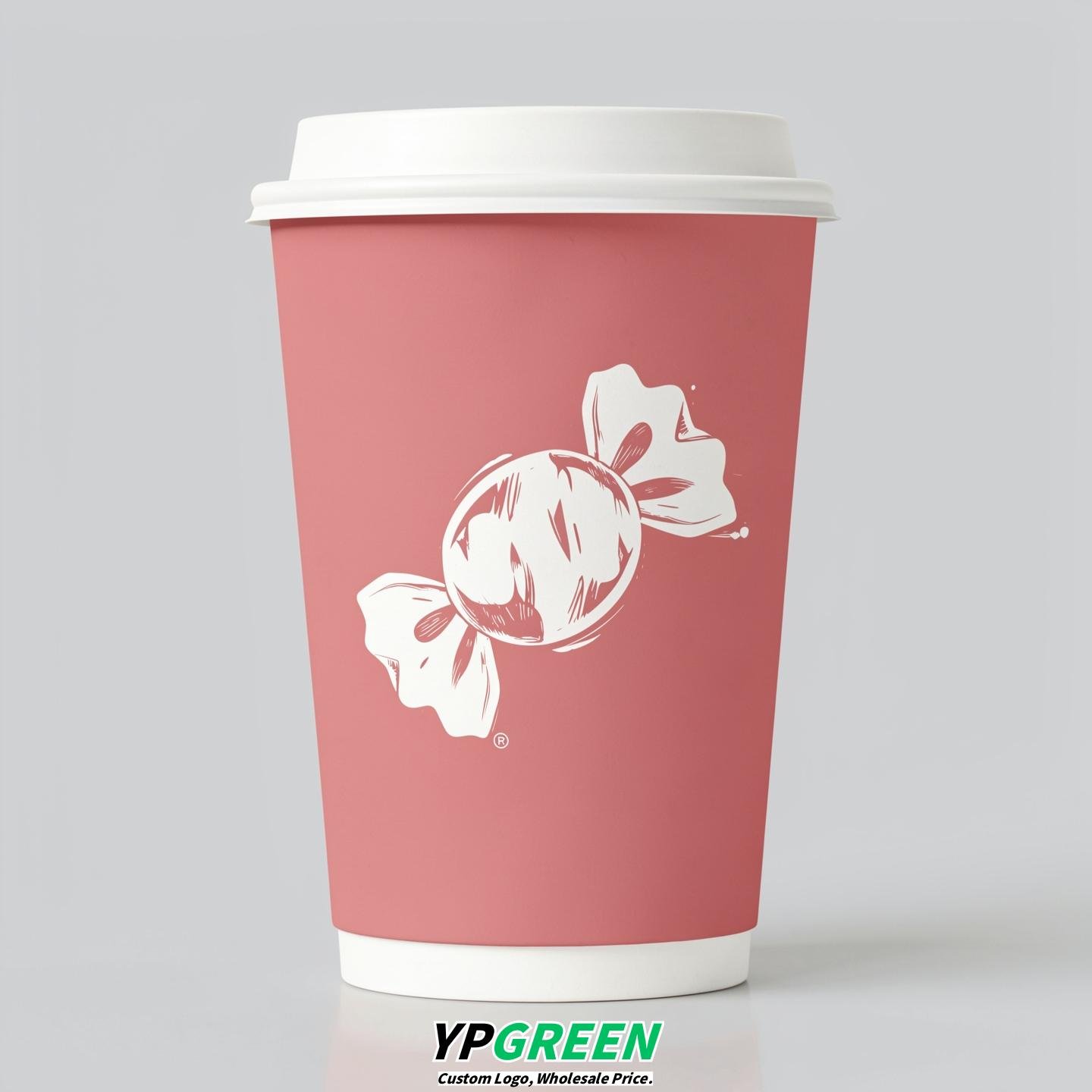 Rose Pink Paper Cups with Candy Logo & Lids 8-24oz
