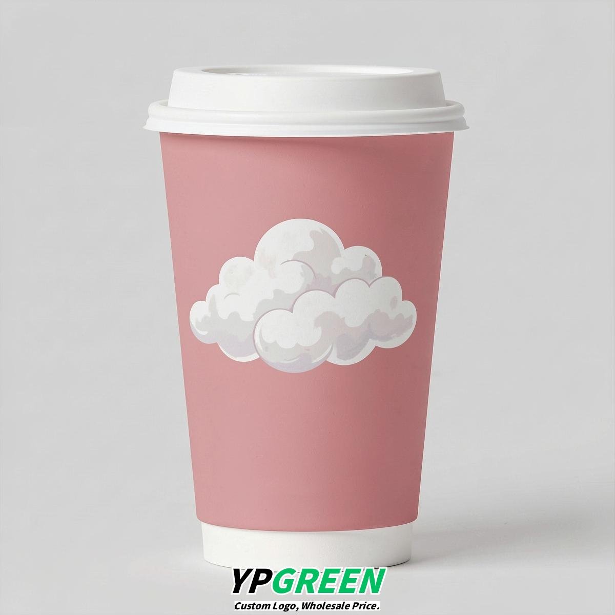 Rose Pink Paper Cups with Clouds Logo & Lids 8-24oz