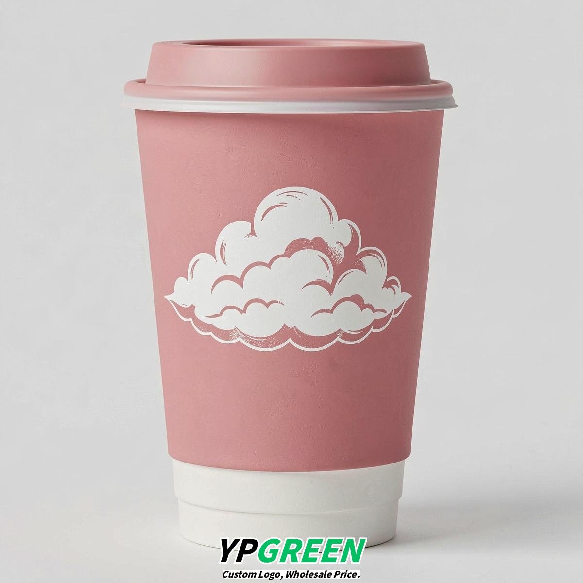 Rose Pink Paper Cups with Clouds Logo & Lids 8-24oz