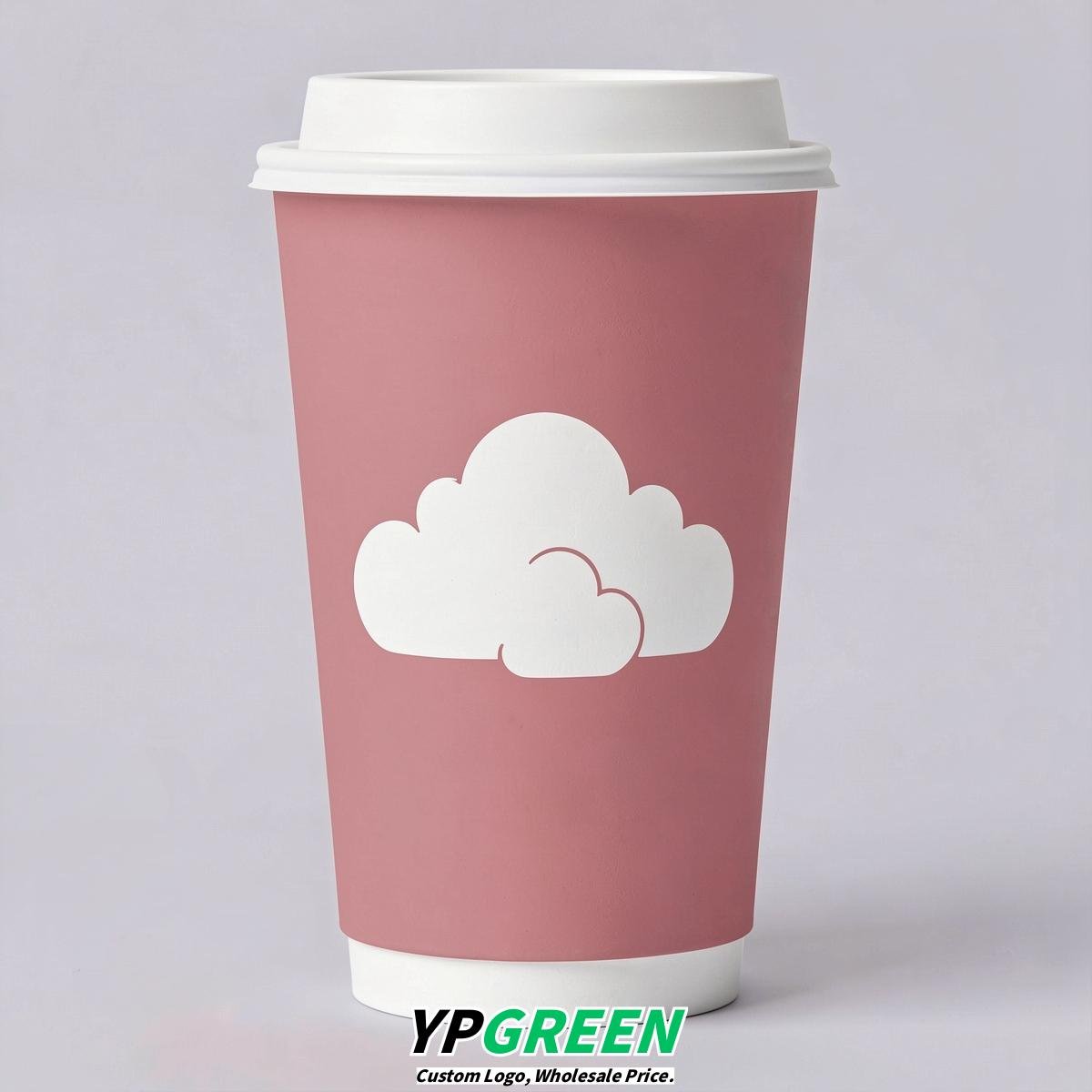 Rose Pink Paper Cups with Clouds Logo & Lids 8-24oz