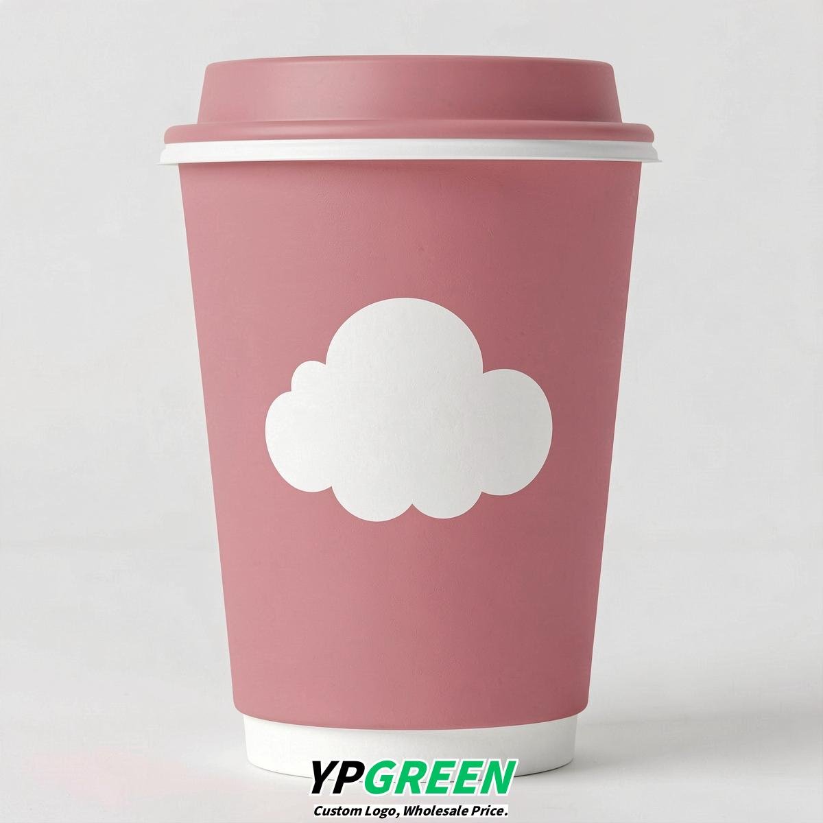 Rose Pink Paper Cups with Clouds Logo & Lids 8-24oz