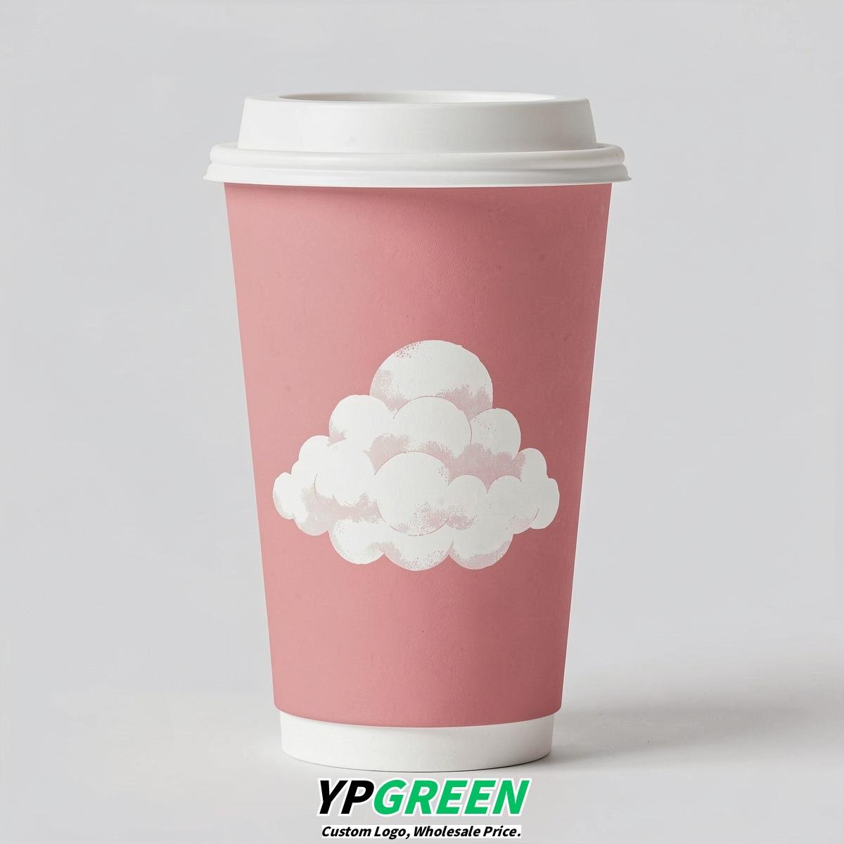 Rose Pink Paper Cups with Clouds Logo & Lids 8-24oz