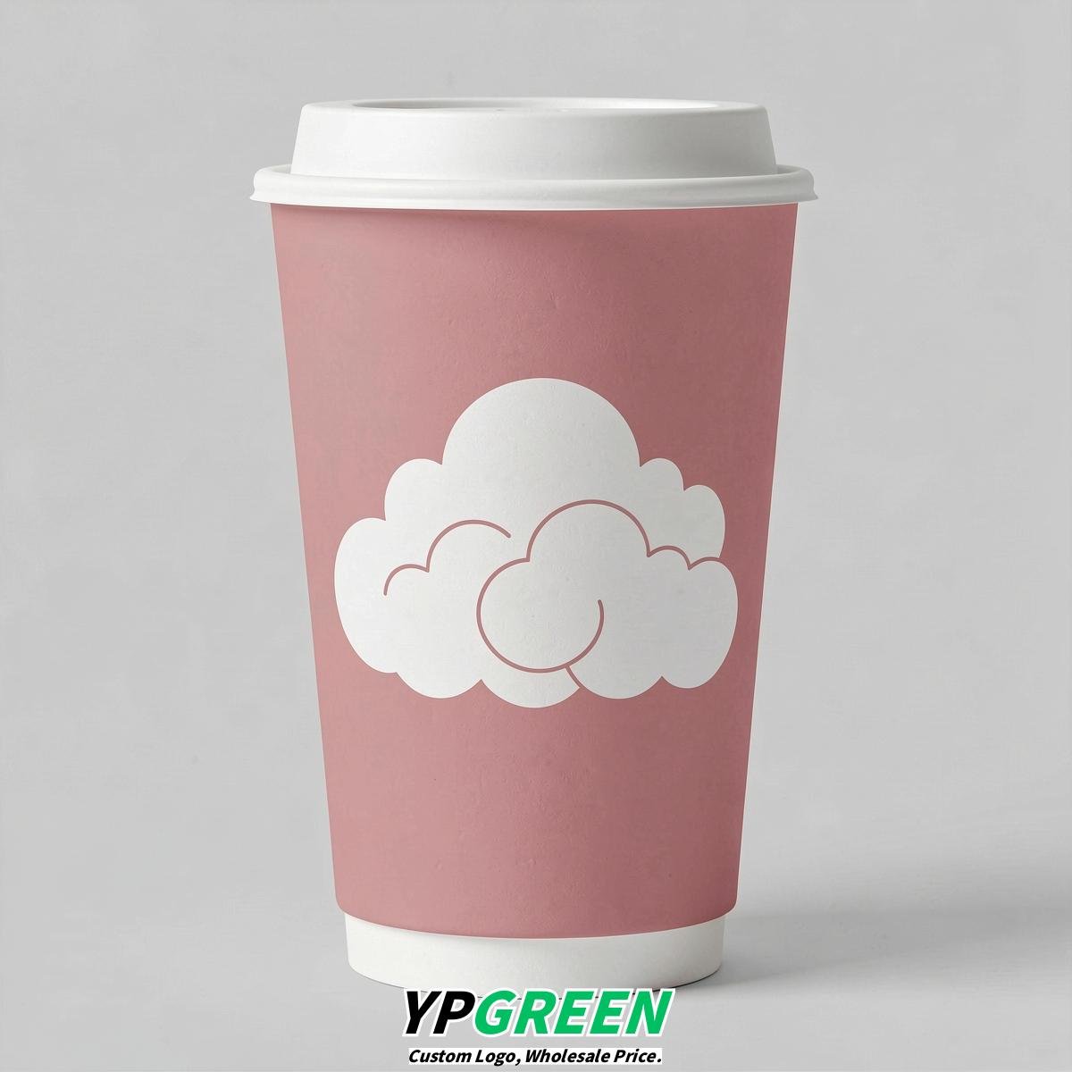 Rose Pink Paper Cups with Clouds Logo & Lids 8-24oz