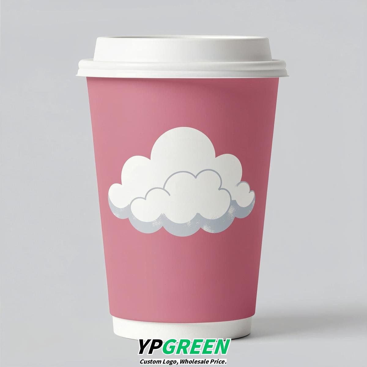 Rose Pink Paper Cups with Clouds Logo & Lids 8-24oz