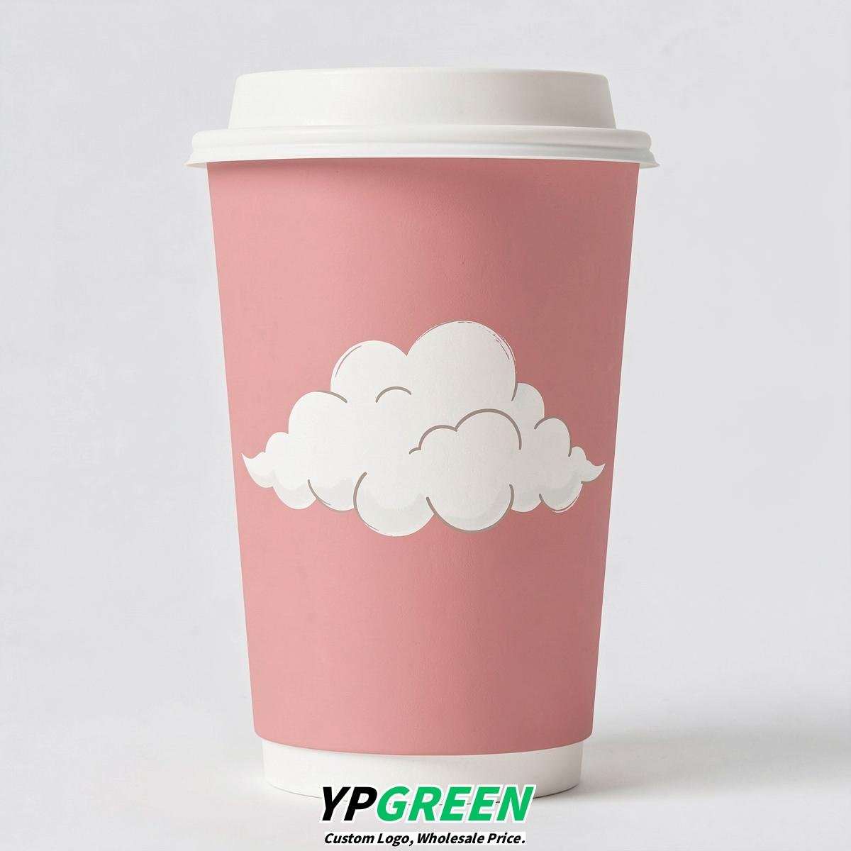 Rose Pink Paper Cups with Clouds Logo & Lids 8-24oz