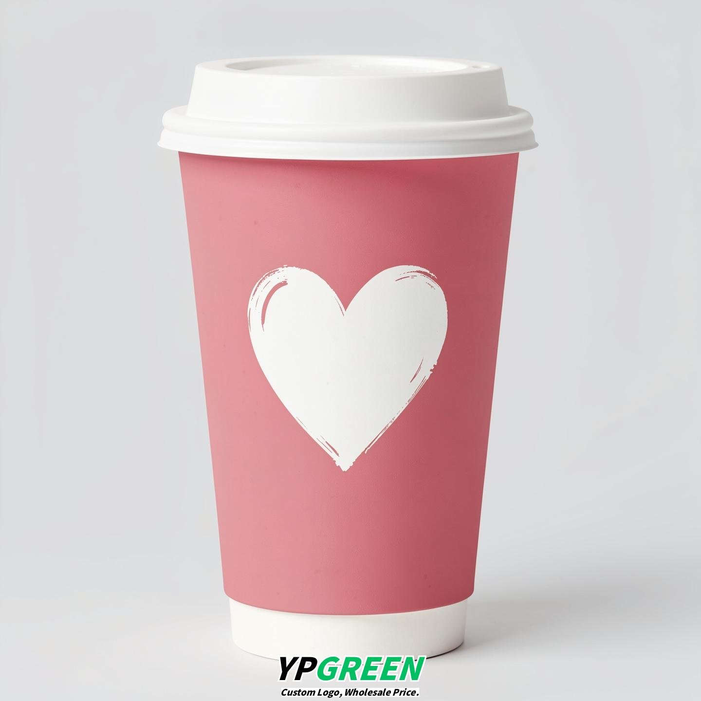 Rose Pink Heart Paper Cups with Lids 8-24oz