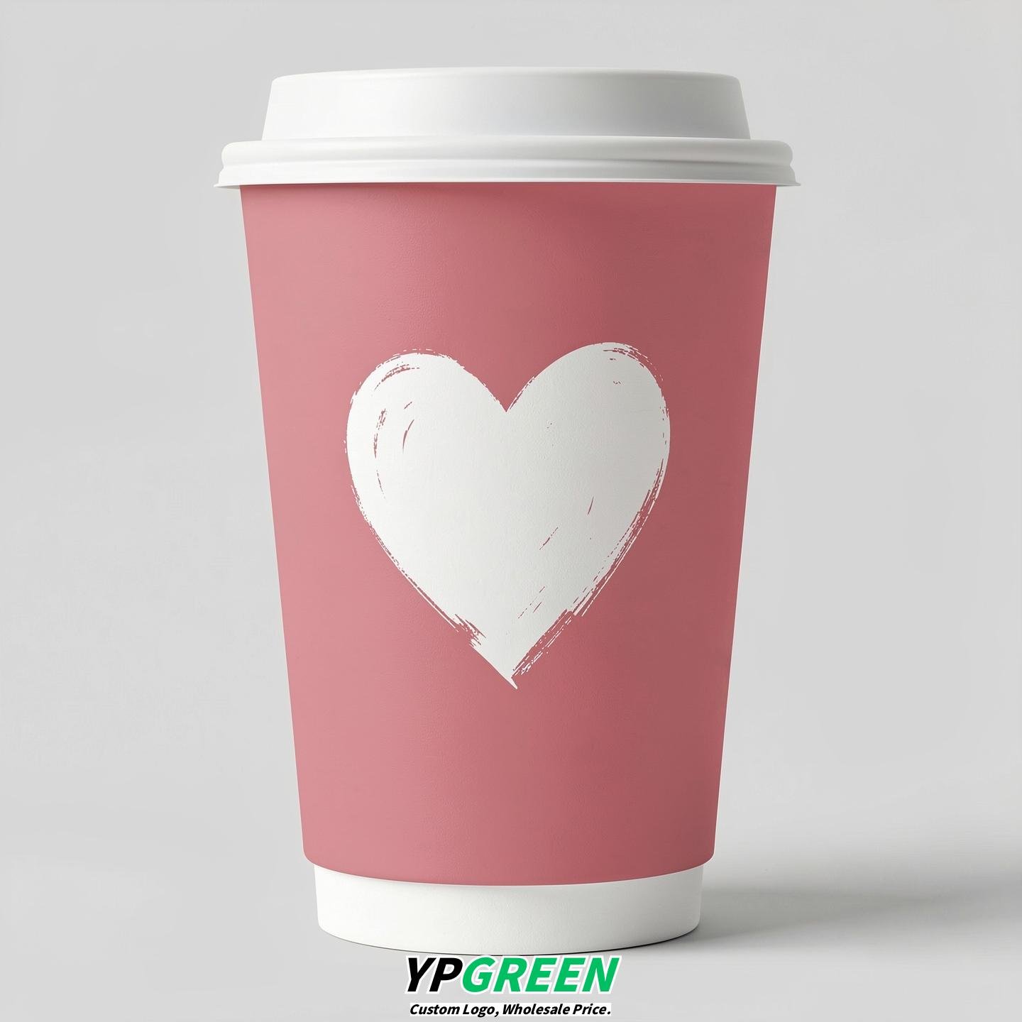 Rose Pink Heart Paper Cups with Lids 8-24oz