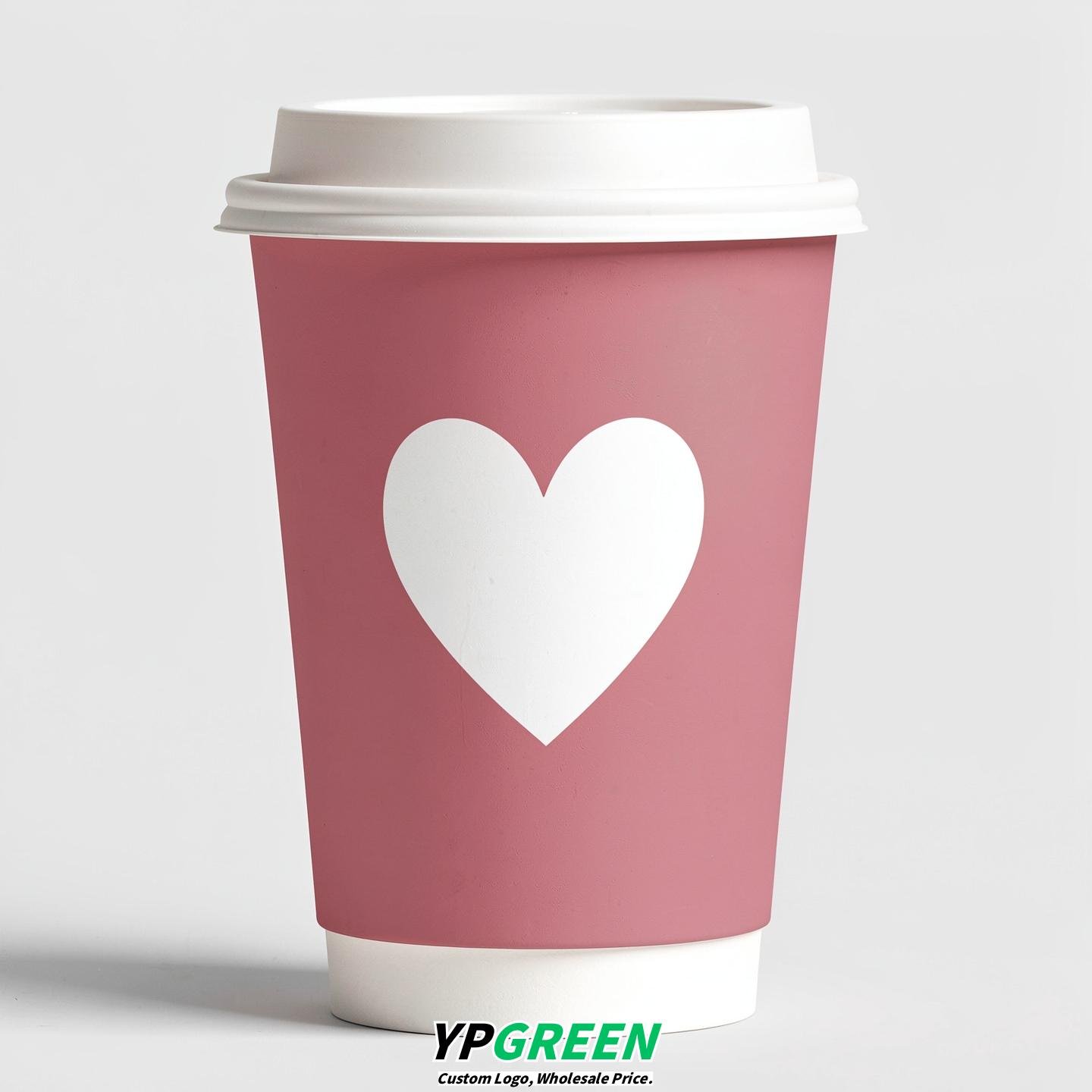 Rose Pink Heart Paper Cups with Lids 8-24oz