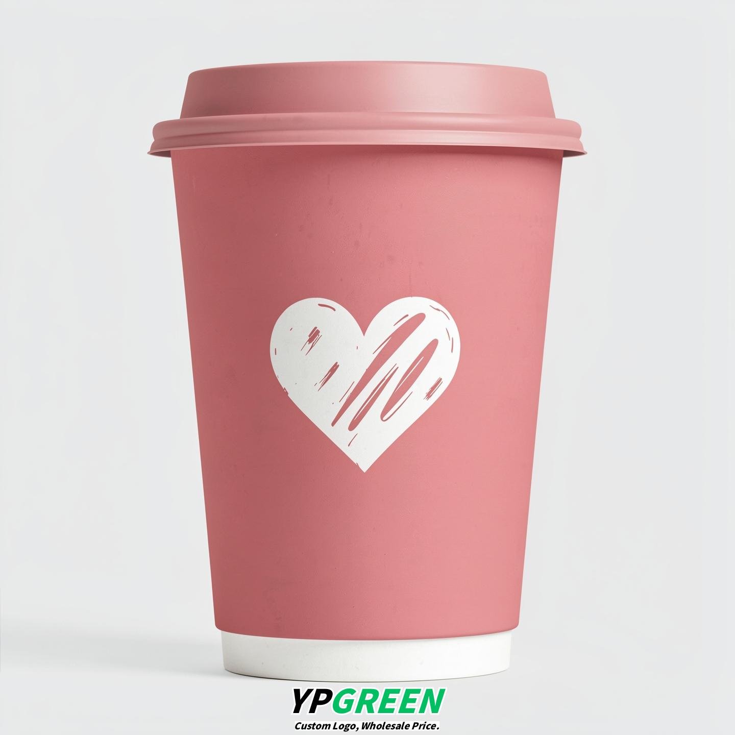 Rose Pink Heart Paper Cups with Lids 8-24oz