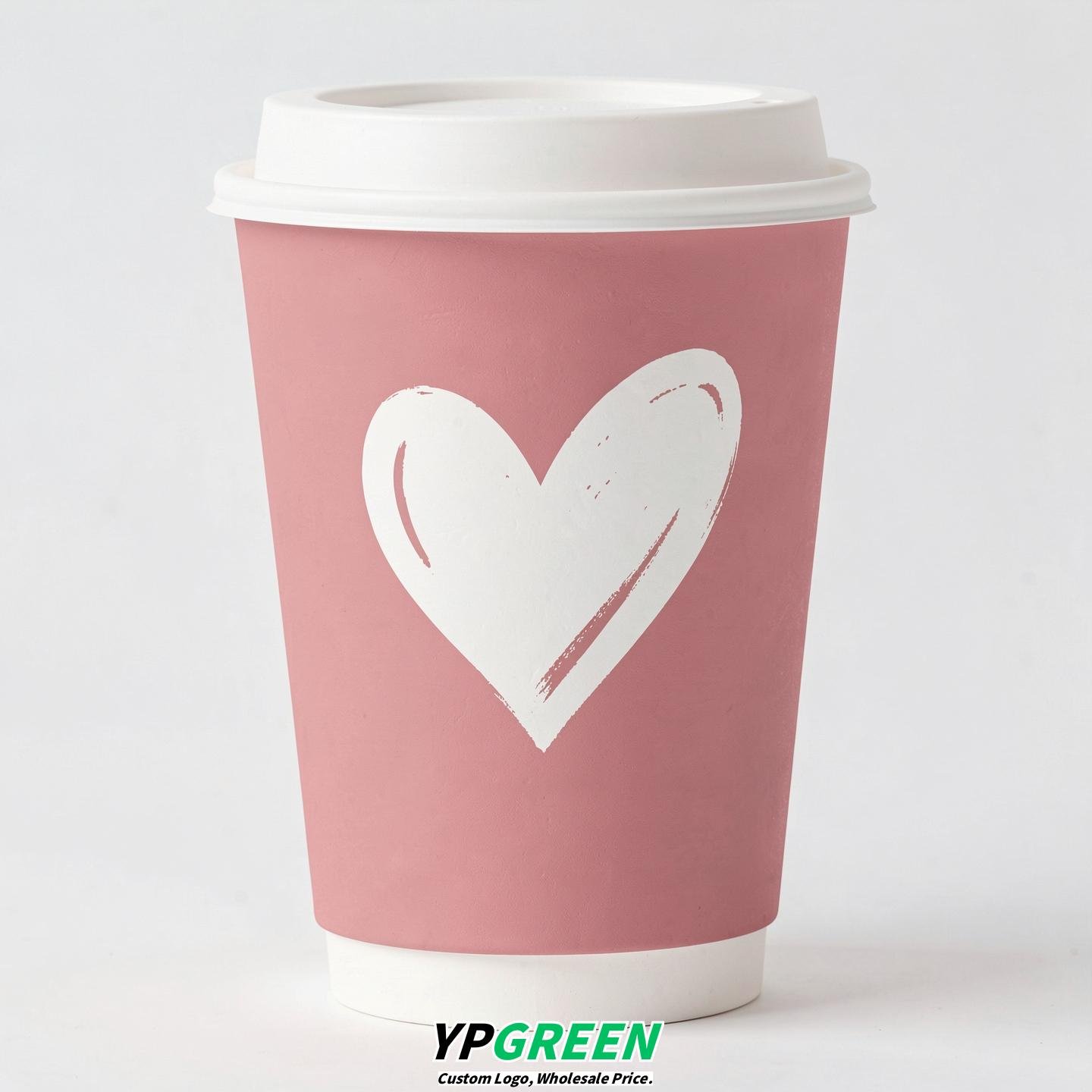 Rose Pink Heart Paper Cups with Lids 8-24oz