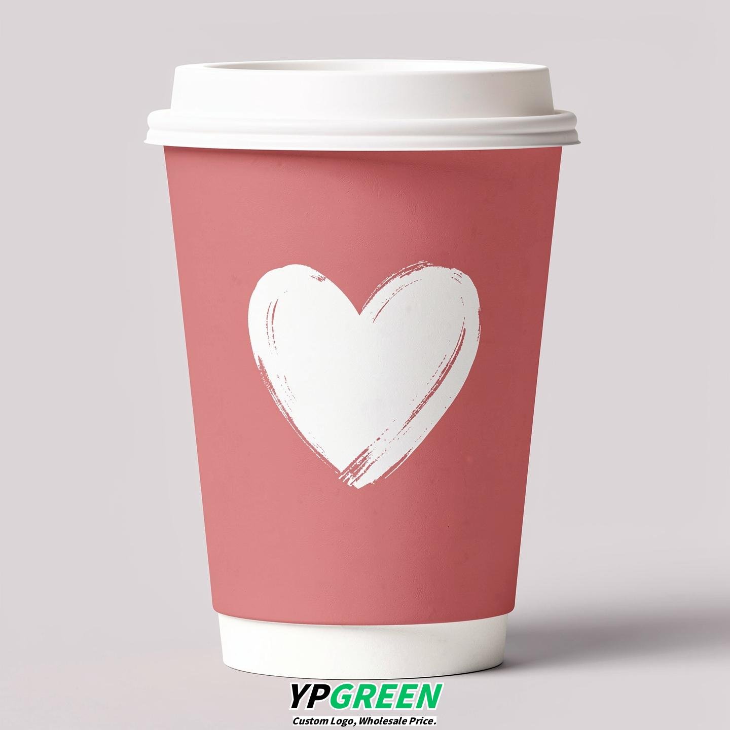 Rose Pink Heart Paper Cups with Lids 8-24oz