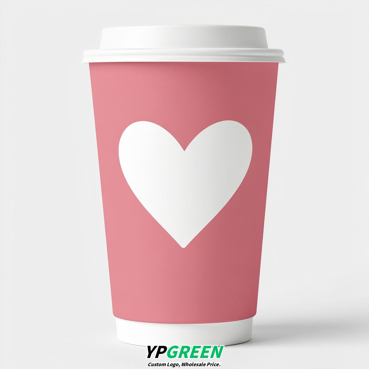 Rose Pink Heart Paper Cups with Lids 8-24oz