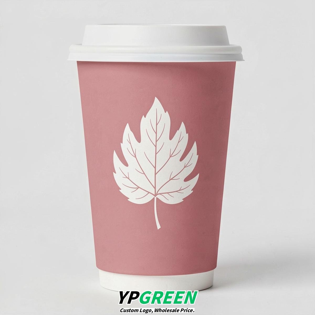 Rose Pink Leaves Paper Cups with Lids 8-24oz